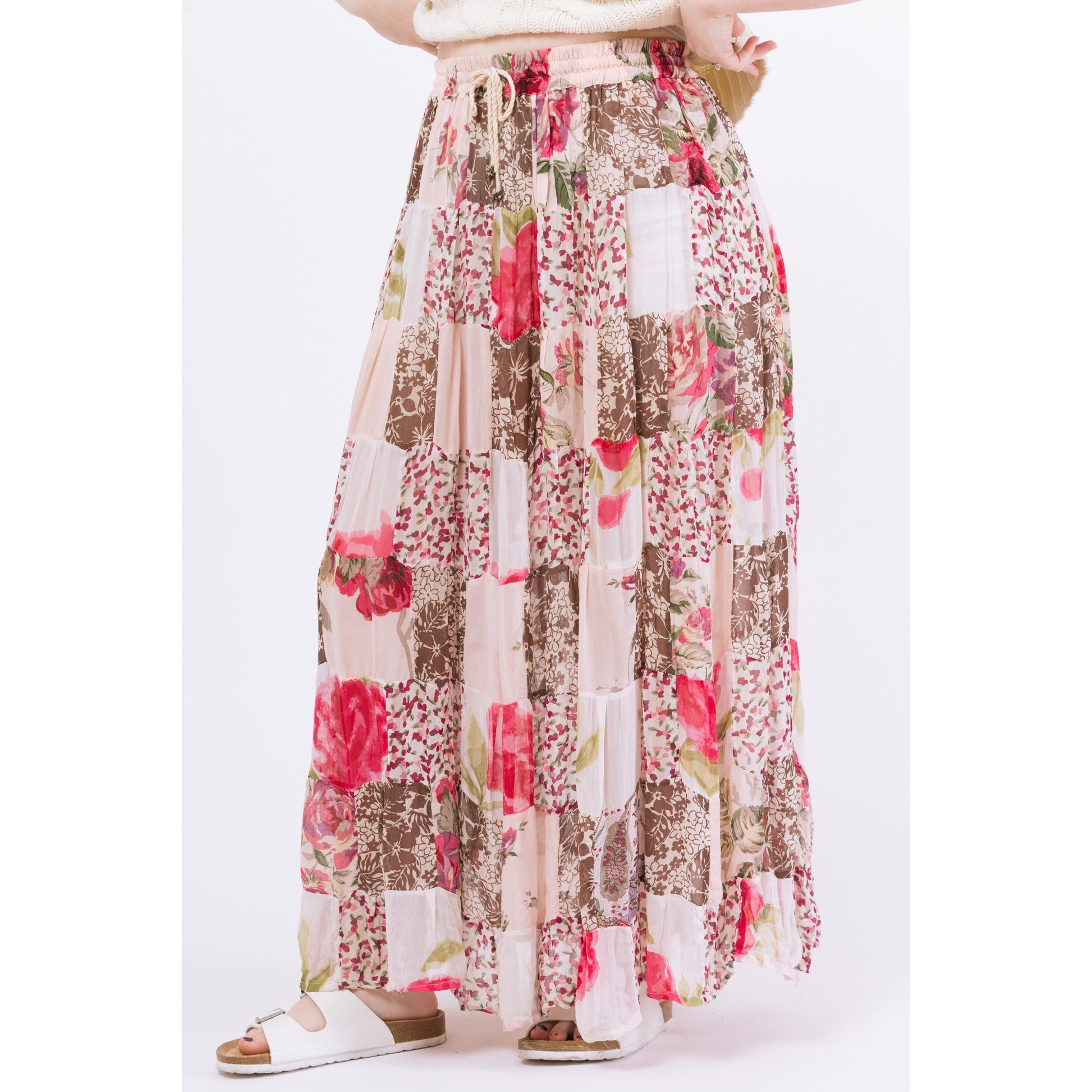 Vintage 90s Boho Sheer Floral Patchwork Rayon Broomstick Skirt - Large | Vintage Pink White Hippie Festival Maxi Skirt