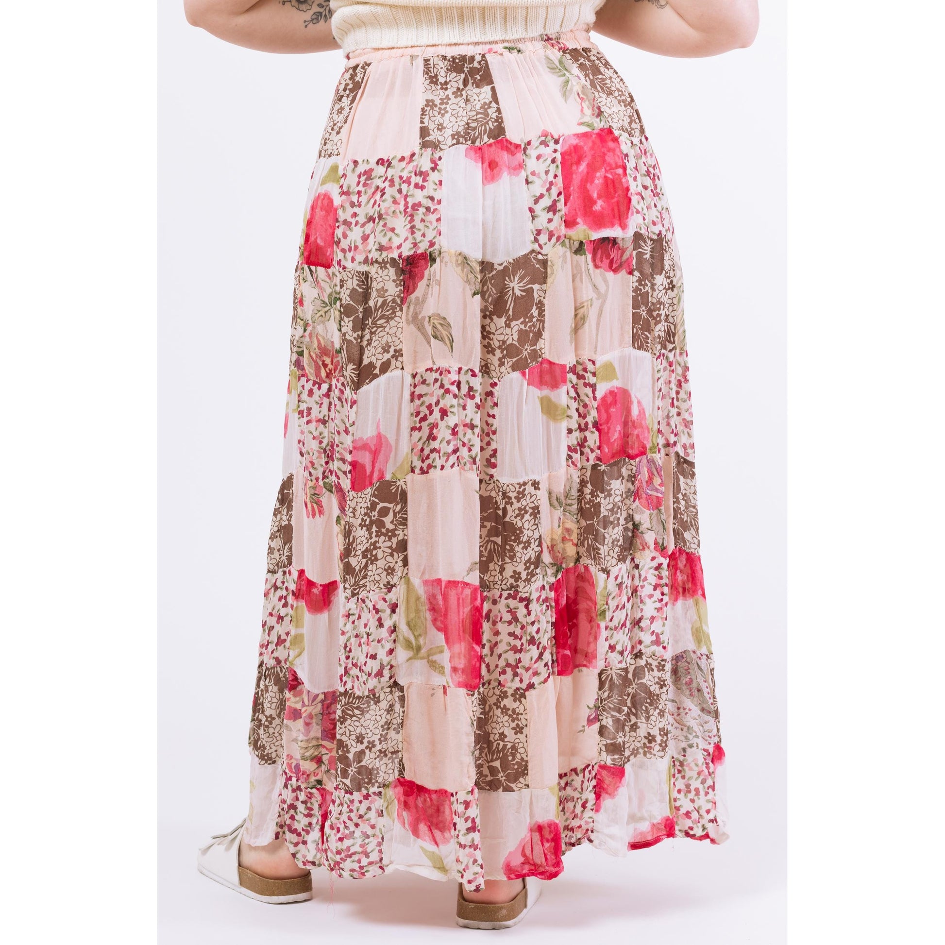 Vintage 90s Boho Sheer Floral Patchwork Rayon Broomstick Skirt - Large | Vintage Pink White Hippie Festival Maxi Skirt