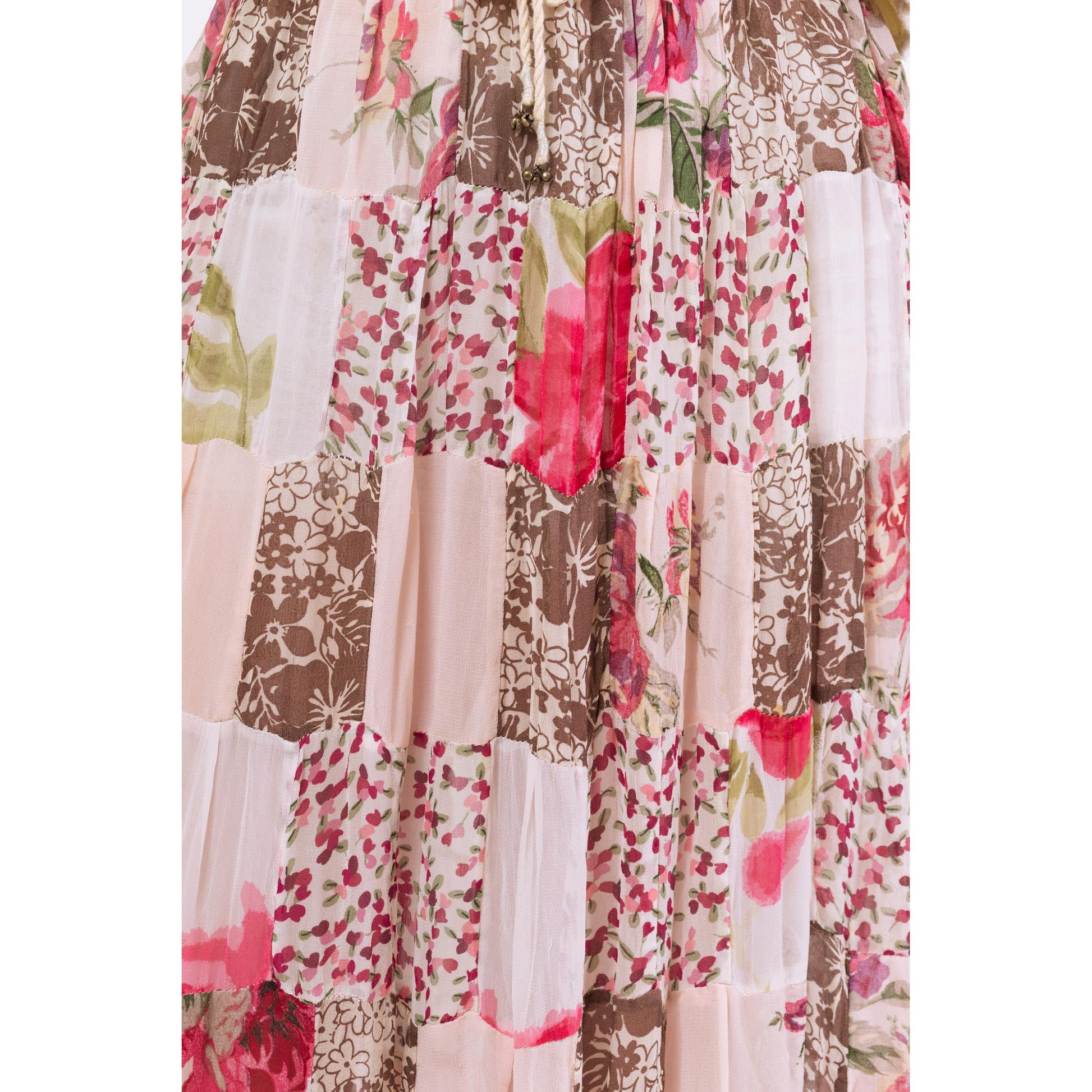 Vintage 90s Boho Sheer Floral Patchwork Rayon Broomstick Skirt - Large | Vintage Pink White Hippie Festival Maxi Skirt