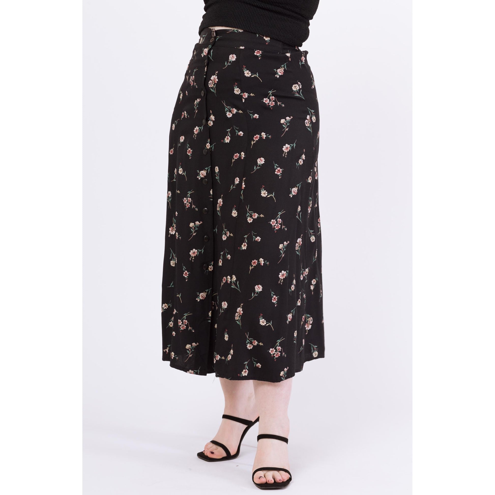Vintage 90s Black Floral Maxi Skirt - Medium, 28"-32" | High Waisted Boho Grunge Button Up Skirt