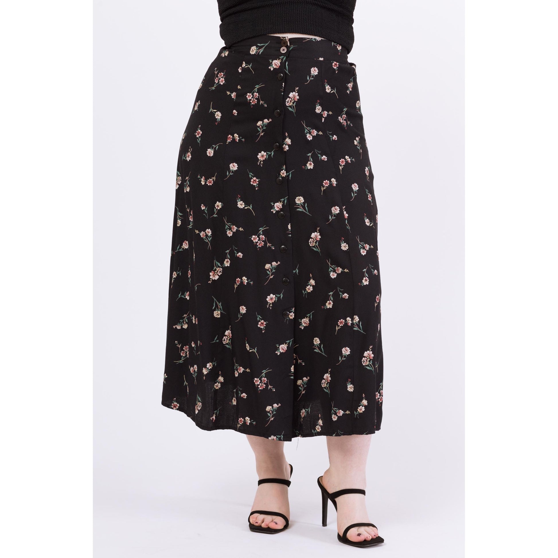 Vintage 90s Black Floral Maxi Skirt - Medium, 28"-32" | High Waisted Boho Grunge Button Up Skirt