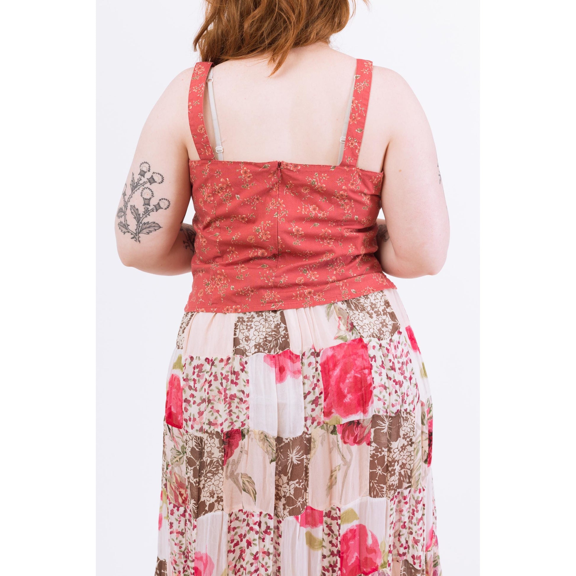 Vintage 90s Red Floral Stretchy Cotton Blend Tank Top - Large | Vintage Boho Square Neck Cropped Blouse