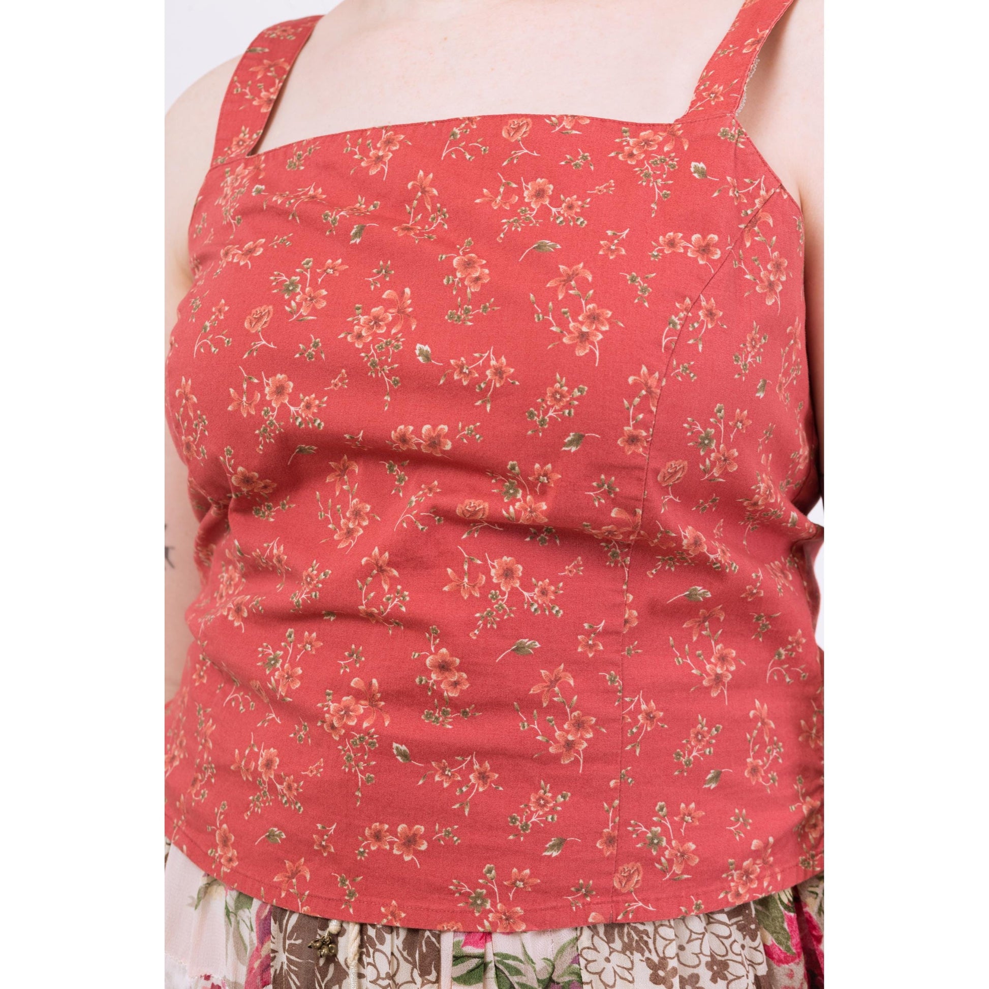 Vintage 90s Red Floral Stretchy Cotton Blend Tank Top - Large | Vintage Boho Square Neck Cropped Blouse