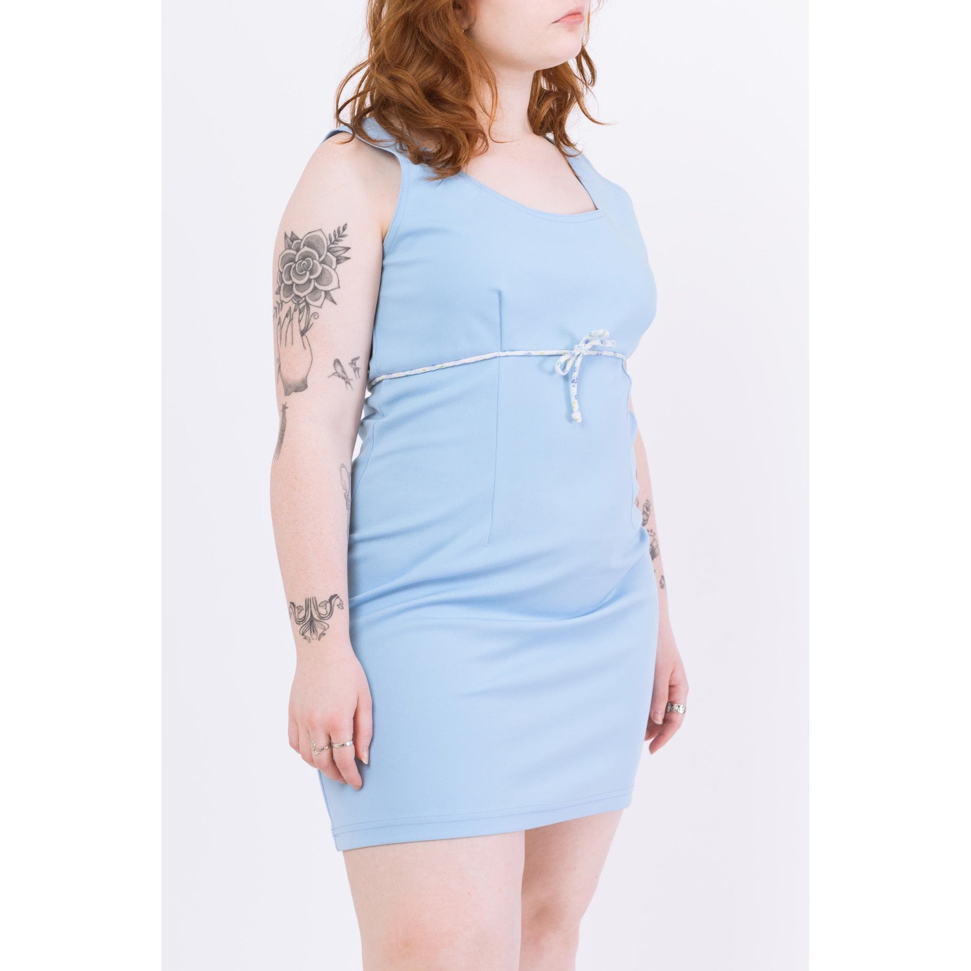 Vintage 90s Girly Mod Baby Blue Mini Dress - Large | Vintage Boho Sleeveless Flower Power Tank Dress