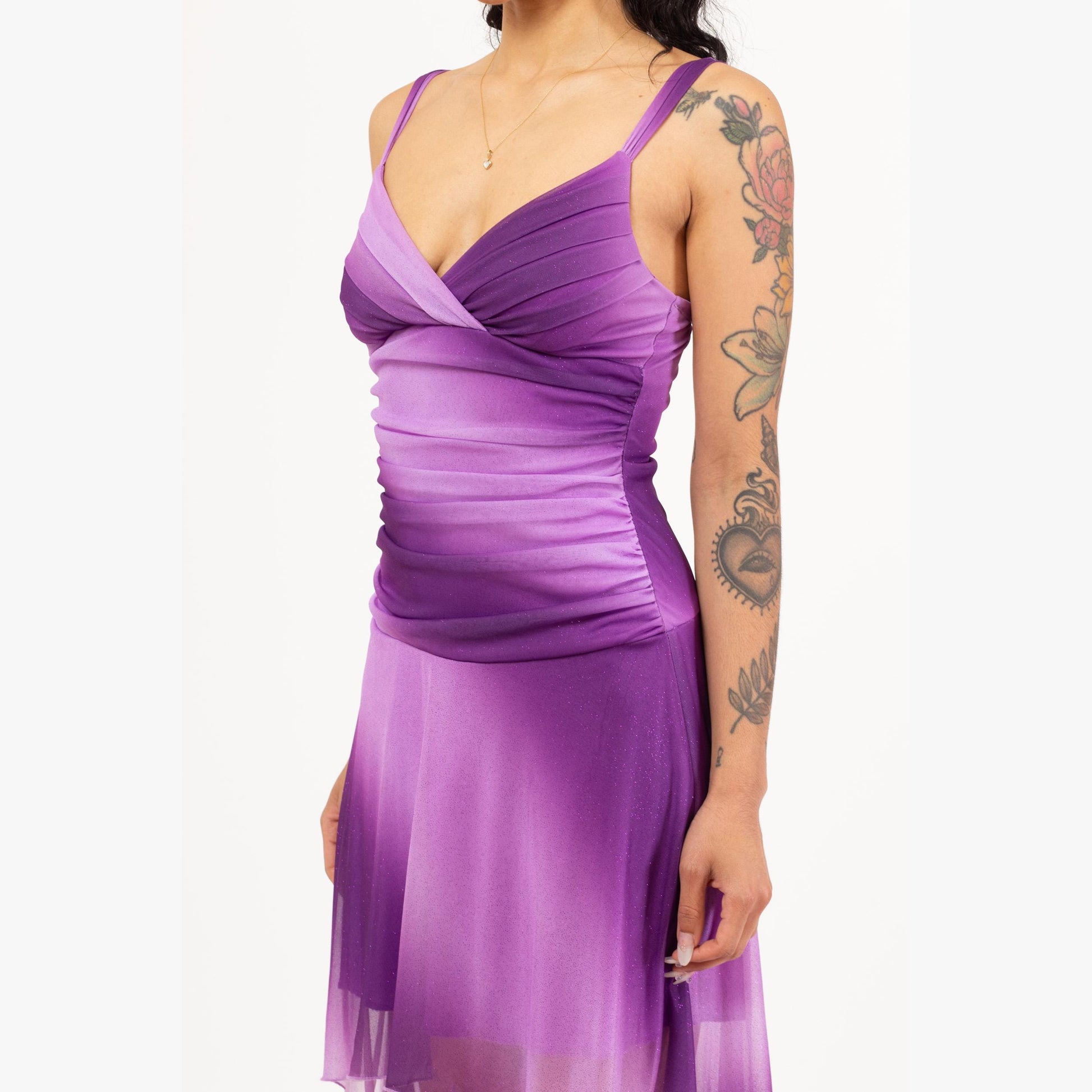 Vintage Y2K Purple Sparkle Gradient High-Low Hem Party Dress - XS to Small | Metallic Slinky Ruched Midi Sleeveless Cocktail Prom Dress