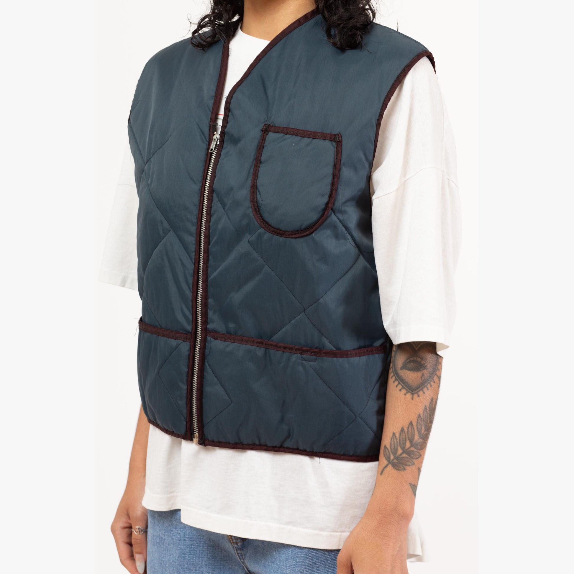 Vintage 80s Slate Blue Lightweight Quilted Puffer Vest - Men's Medium | Zip Up Retro Workwear Jacket