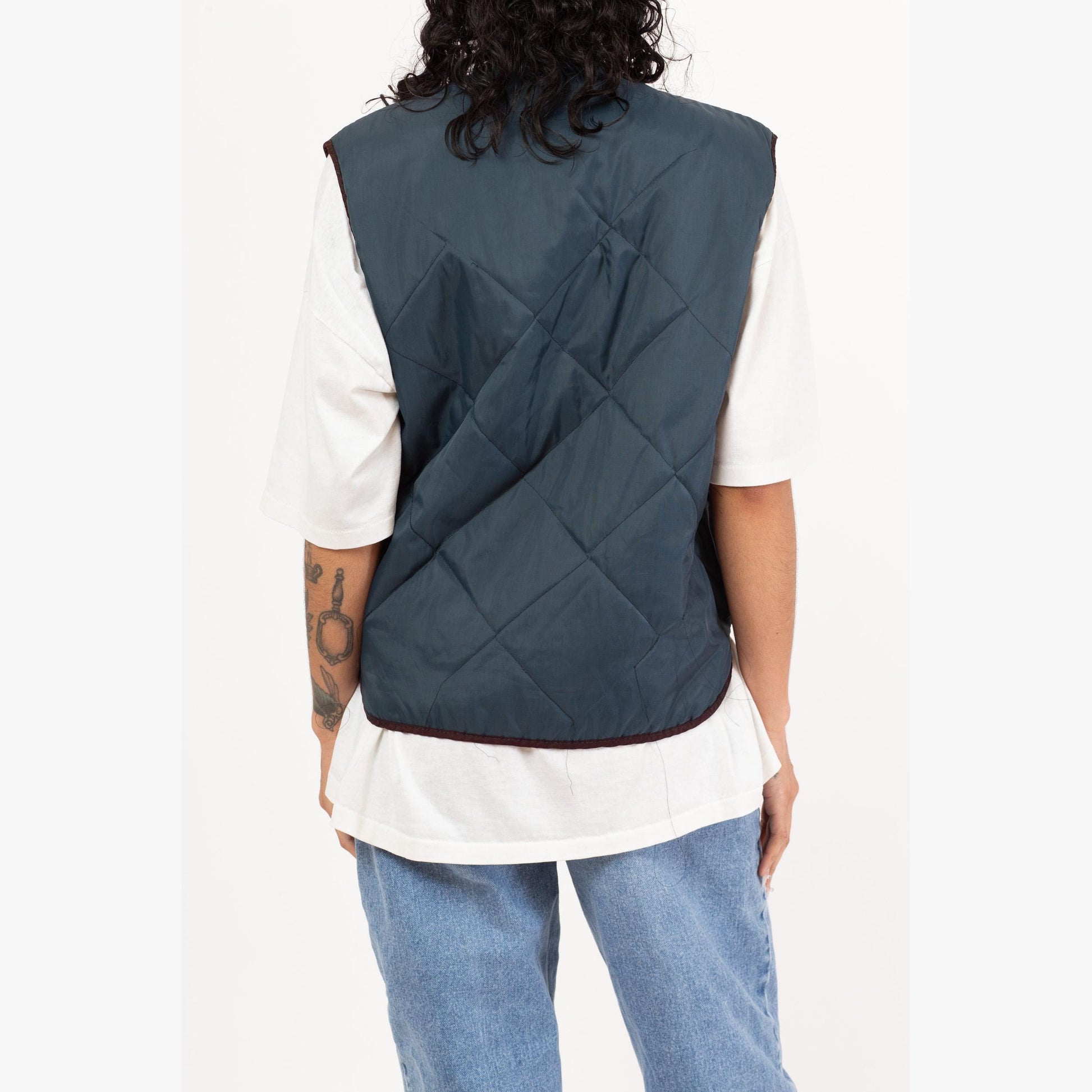 Vintage 80s Slate Blue Lightweight Quilted Puffer Vest - Men's Medium | Zip Up Retro Workwear Jacket