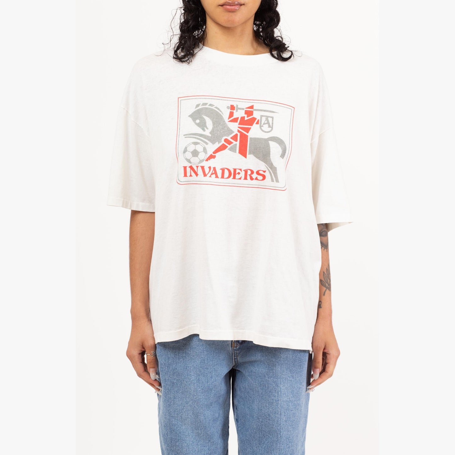 Vintage 90s Medieval Knight Invaders Soccer Team T Shirt - Men's XL | White Sports Graphic Tee