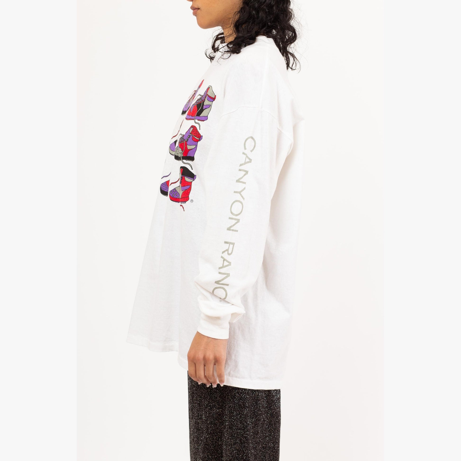 Vintage 90s Hiking Boot Long Sleeve T Shirt - Men's XL | White Shoe Graphic Cotton Crew Neck Tee