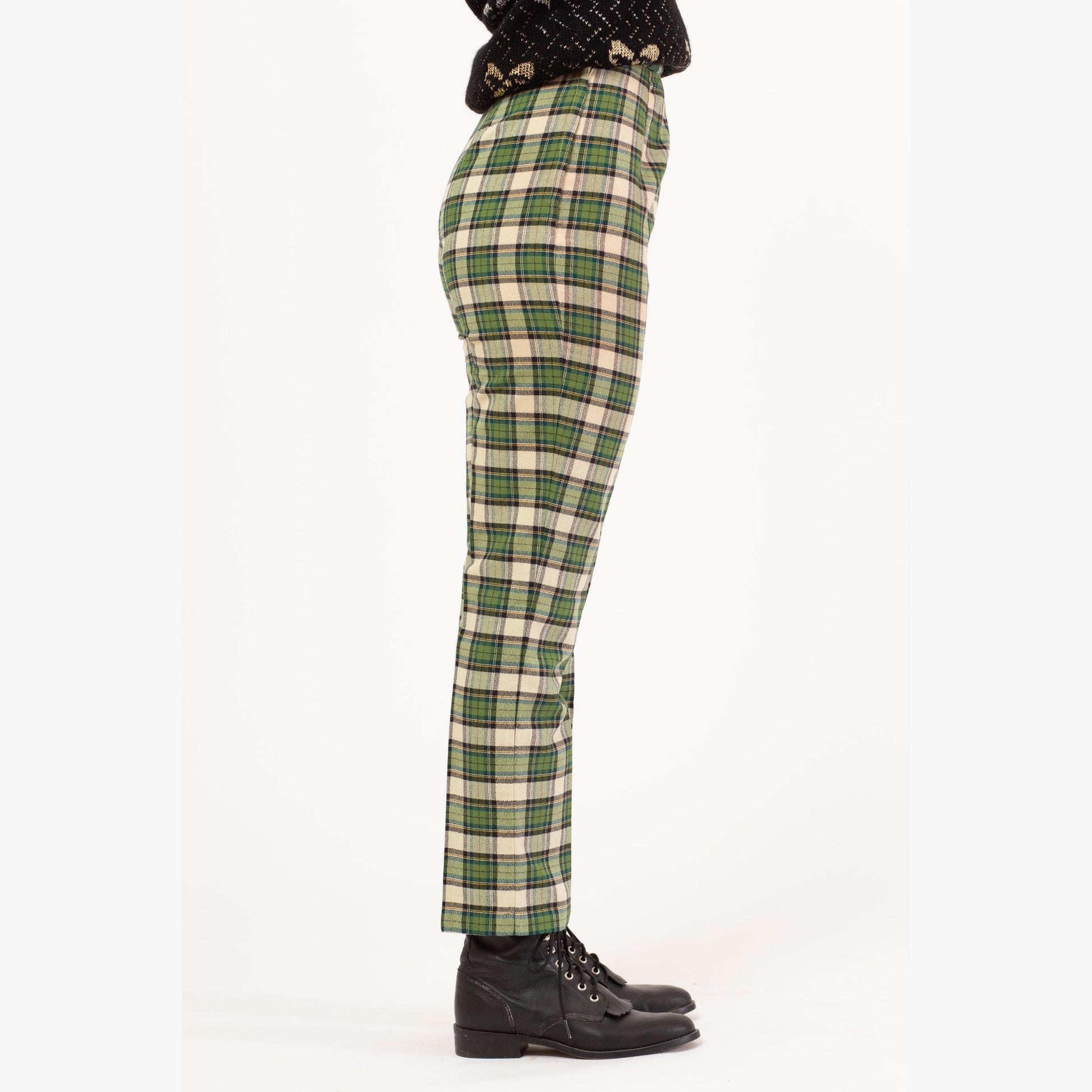 Vintage 60s Green Plaid Side Zip Cigarette Pants - Extra Small, 22"-24” Waist | Retro High Waisted Tapered Leg Trousers