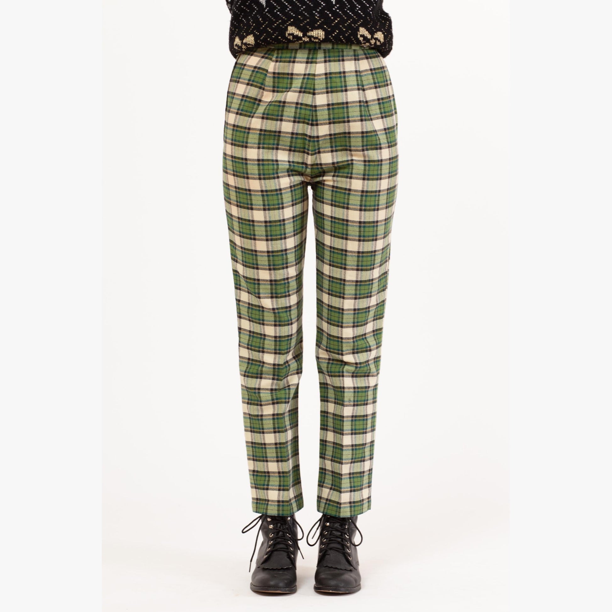Vintage 60s Green Plaid Side Zip Cigarette Pants - Extra Small, 22"-24” Waist | Retro High Waisted Tapered Leg Trousers