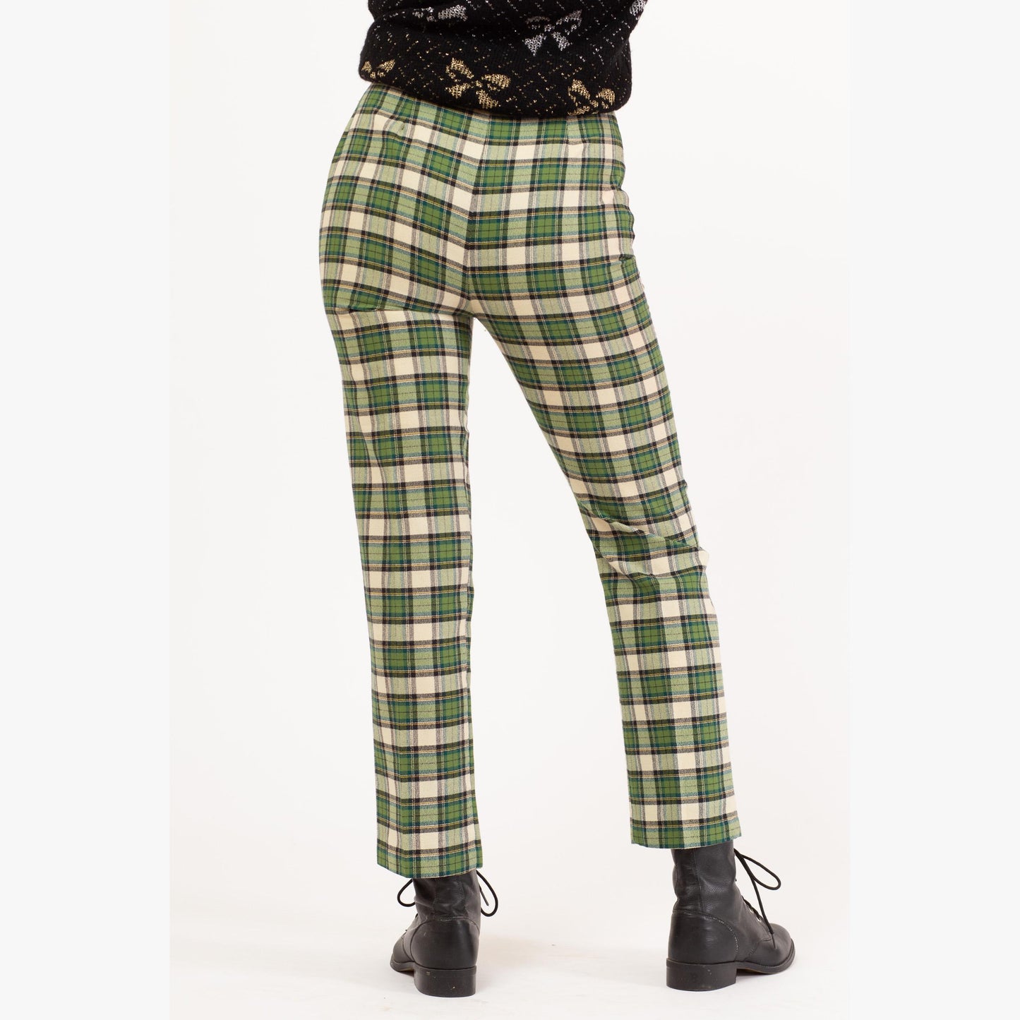 Vintage 60s Green Plaid Side Zip Cigarette Pants - Extra Small, 22"-24” Waist | Retro High Waisted Tapered Leg Trousers