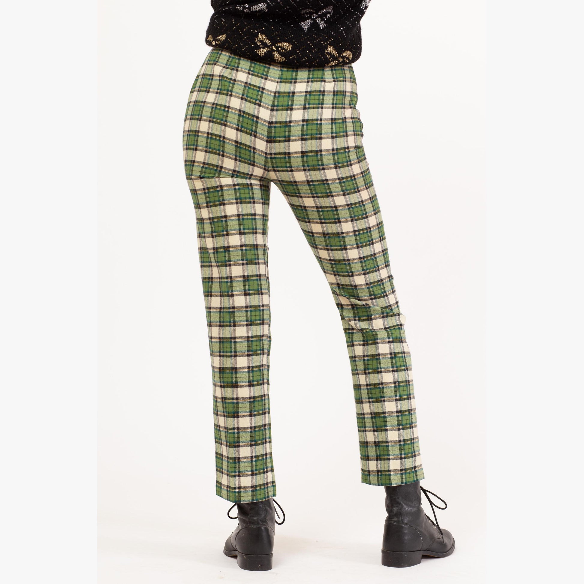 Vintage 60s Green Plaid Side Zip Cigarette Pants - Extra Small, 22"-24” Waist | Retro High Waisted Tapered Leg Trousers