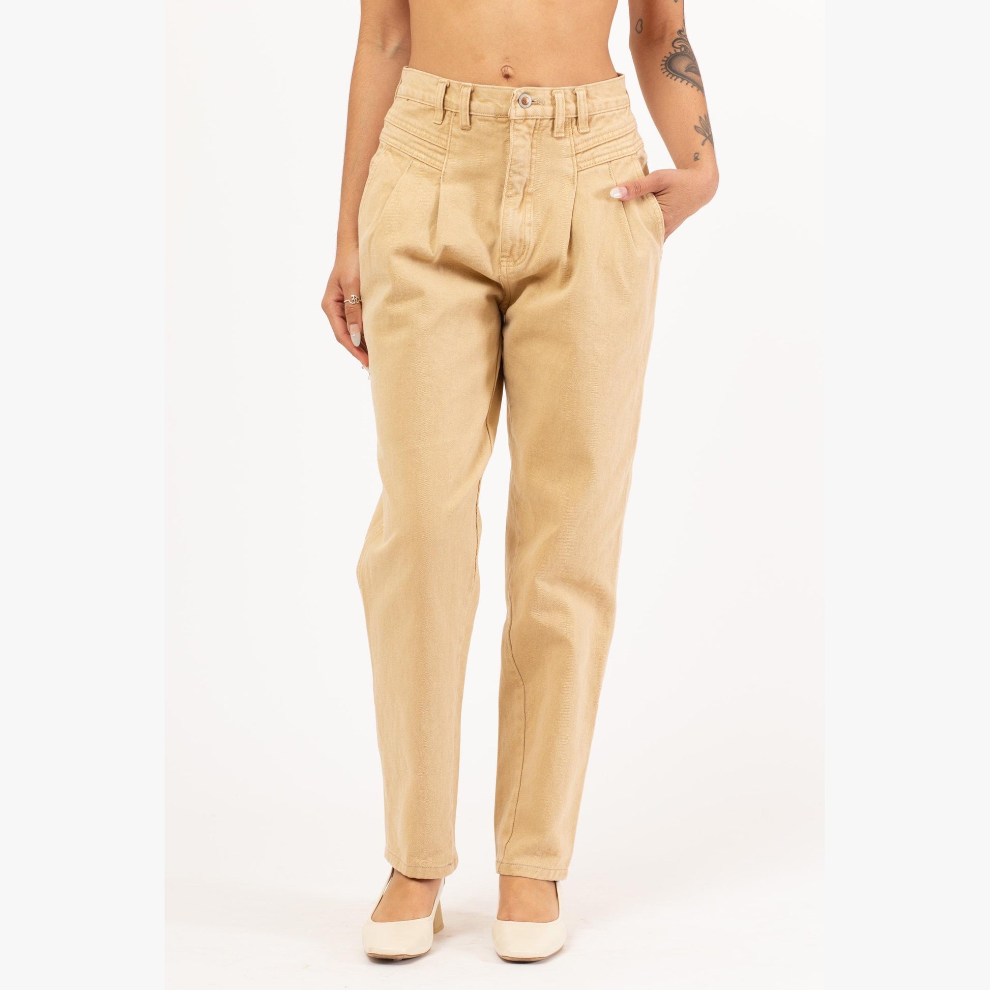 Vintage 80s Forenza High Waisted Tan Jeans - Medium, 27.5” Waist | Pleated Denim Tapered Leg Mom Jeans