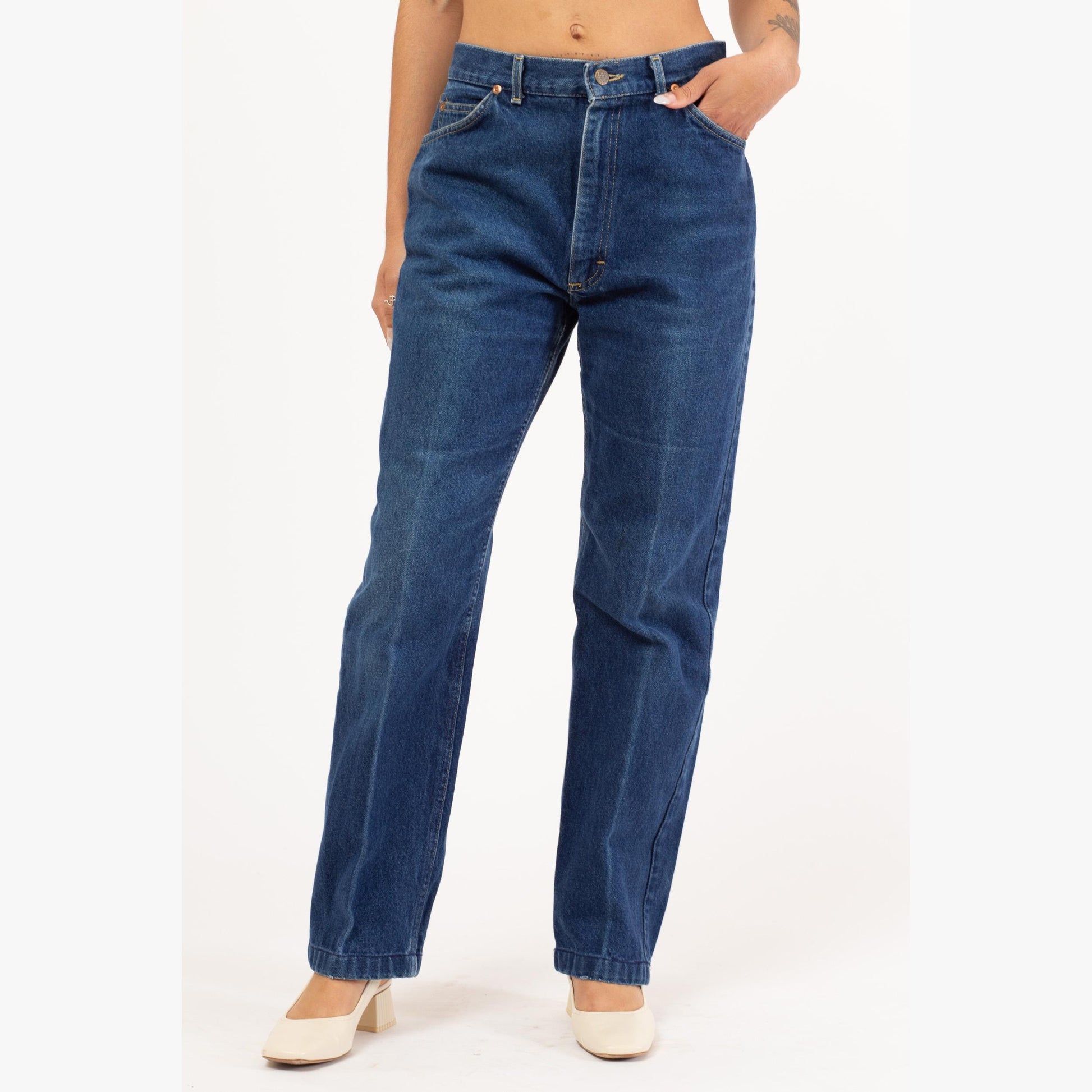 Vintage 80s Lee Riders High Waisted Jeans - Medium, 29" Waist | Dark Wash Tapered Leg Mom Jeans