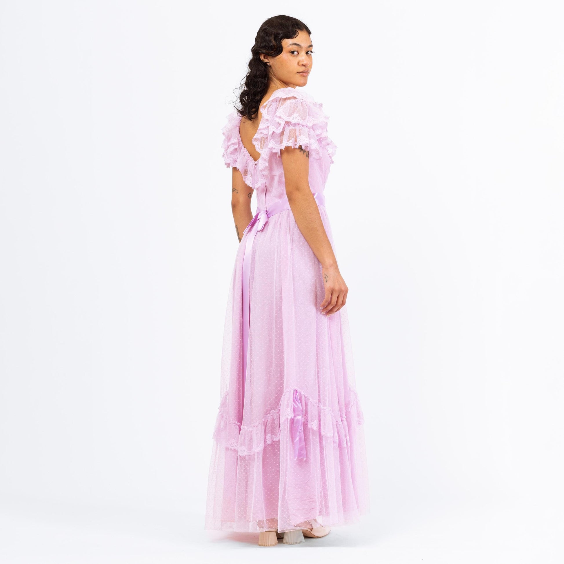 Vintage 70s Lavender Pastel Lace Princess Gown - Small | Ruffle Sleeve Formal Maxi Dress, Retro Prom Party Dress