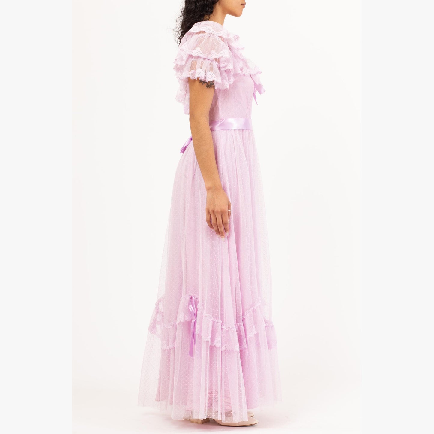 Vintage 70s Lavender Pastel Lace Princess Gown - Small | Ruffle Sleeve Formal Maxi Dress, Retro Prom Party Dress