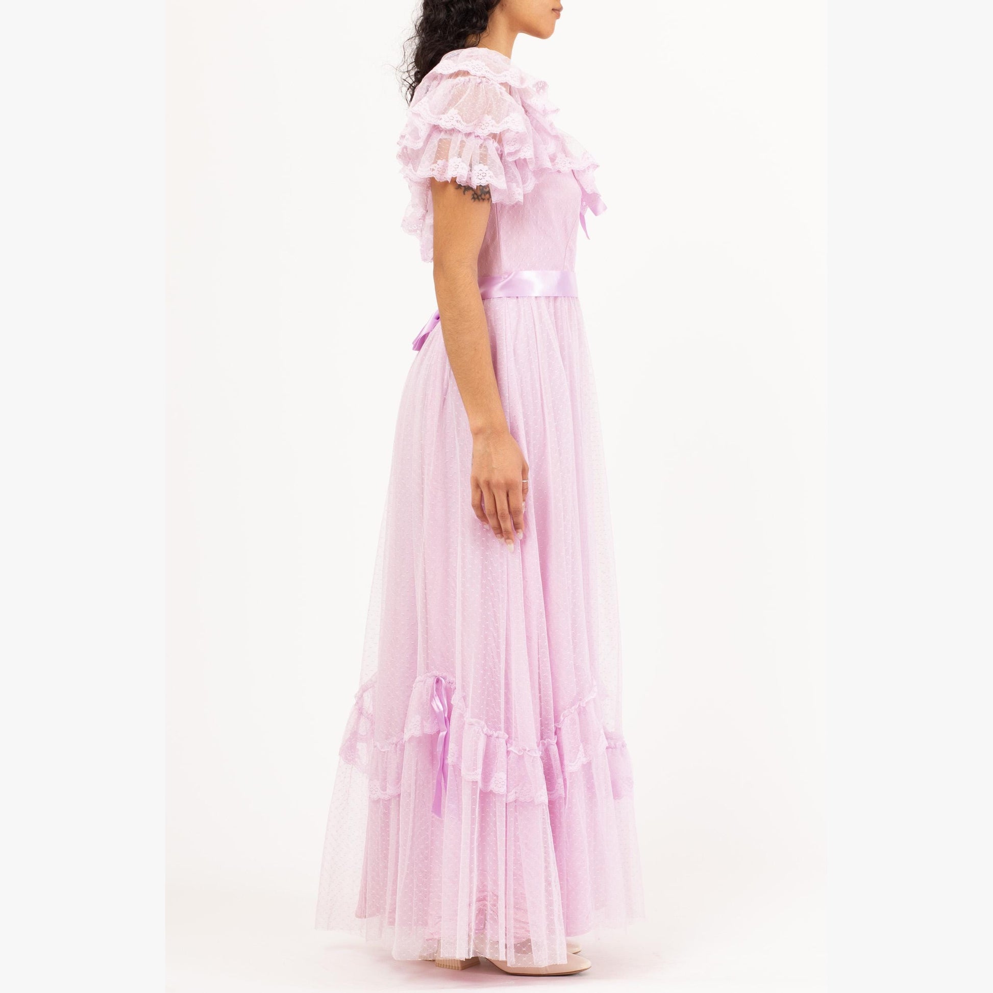Vintage 70s Lavender Pastel Lace Princess Gown - Small | Ruffle Sleeve Formal Maxi Dress, Retro Prom Party Dress
