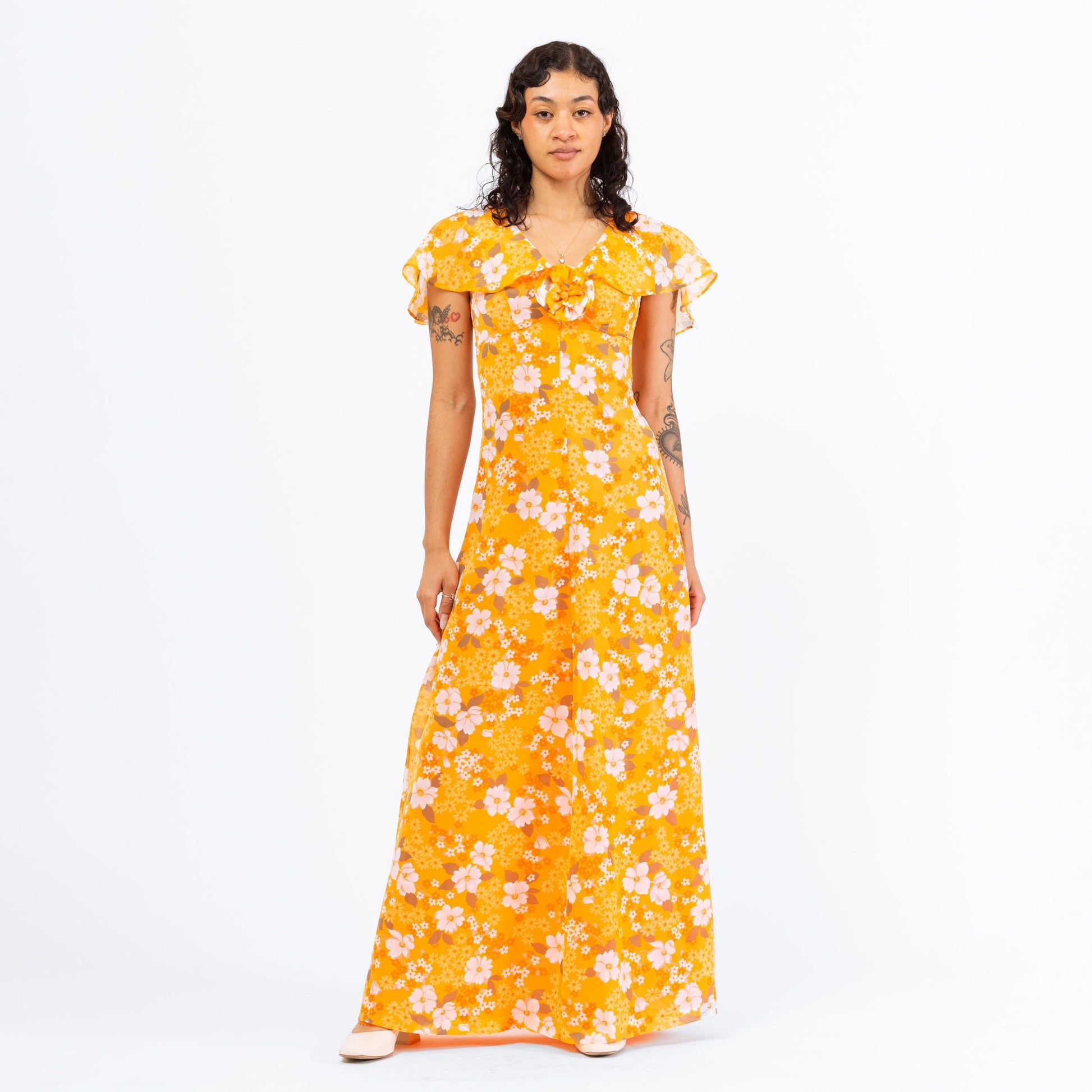 Vintage 70s Boho Orange Floral Chiffon Maxi Dress - Extra Small Flying Apple Vintage Vintage 70s Boho Orange Floral Chiffon Maxi Dress - Extra Small Flying Apple Vintage