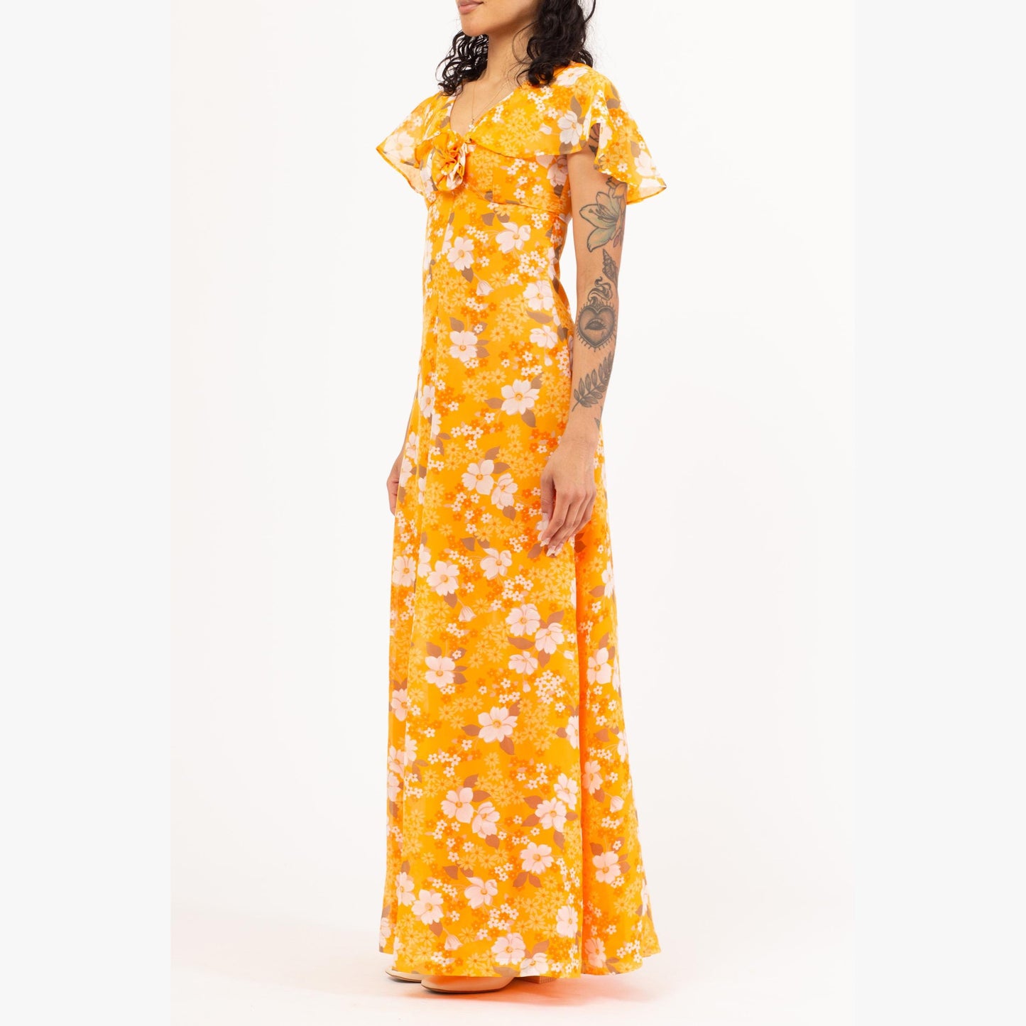 Vintage 70s Boho Orange Floral Chiffon Maxi Dress - Extra Small | Bias Cut Capelet Sleeve Flowy Hippie Gown