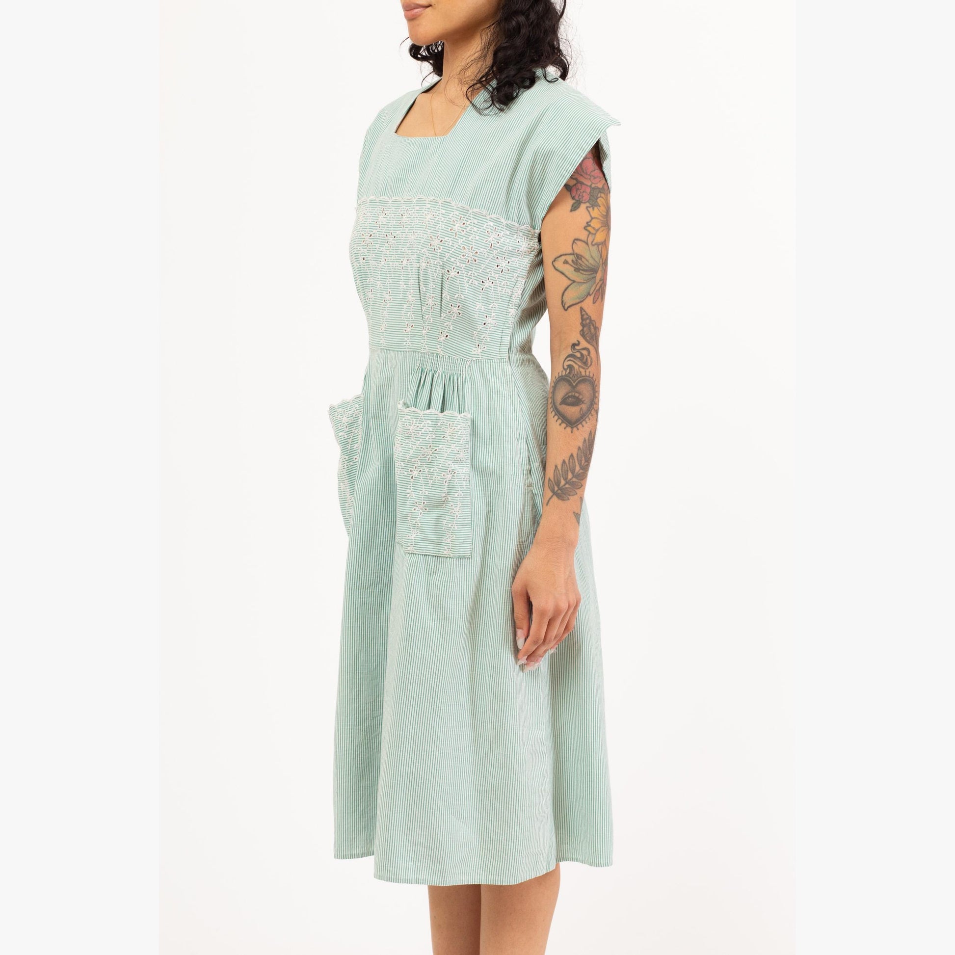 Vintage 1950s Mint Green Pinstriped Eyelet Dress - Medium | 50s Square Neck Tea Length Midi Day Dress Retro Day Dress
