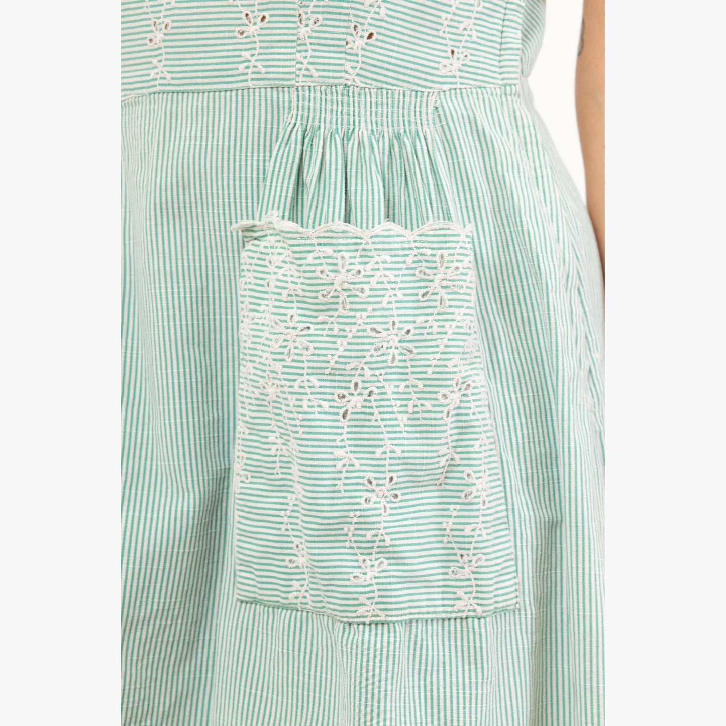 Vintage 1950s Mint Green Pinstriped Eyelet Dress - Medium | 50s Square Neck Tea Length Midi Day Dress Retro Day Dress