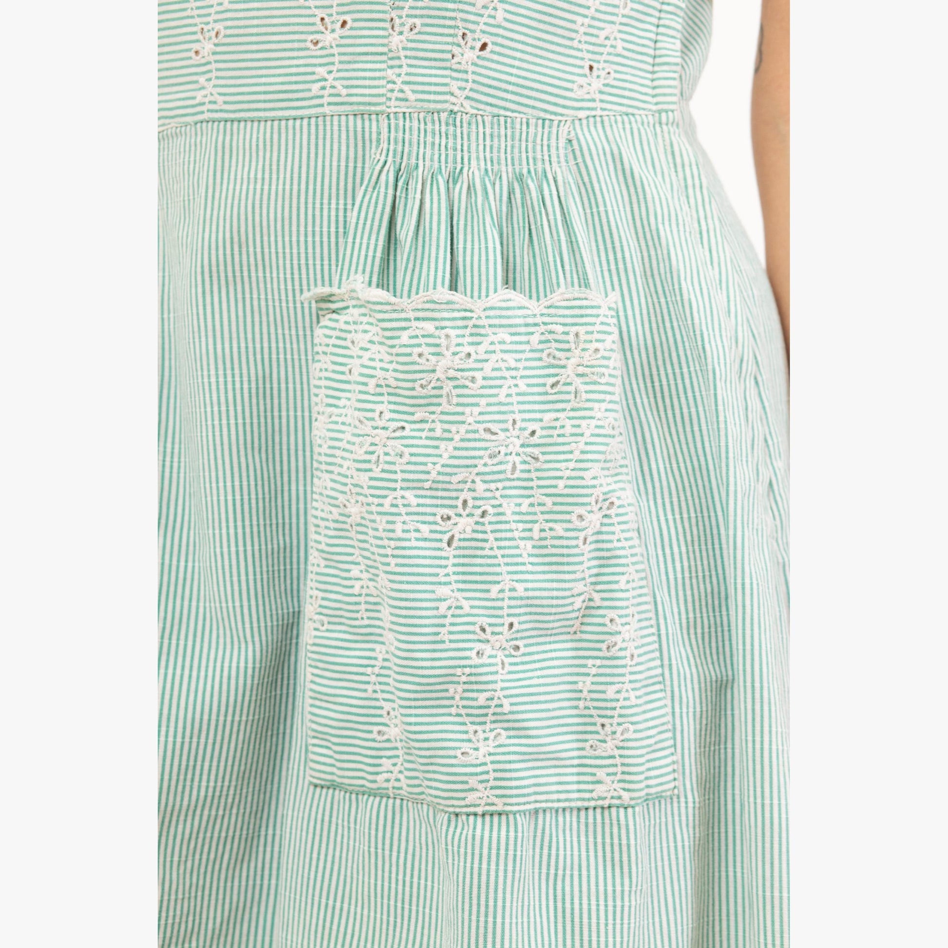 Vintage 1950s Mint Green Pinstriped Eyelet Dress - Medium | 50s Square Neck Tea Length Midi Day Dress Retro Day Dress