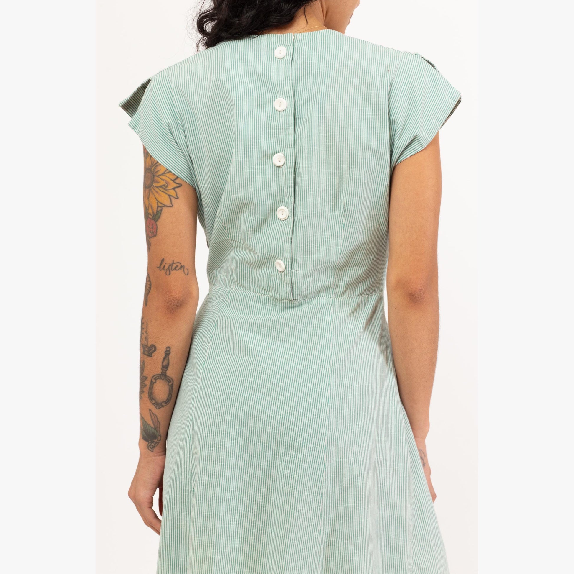 Vintage 1950s Mint Green Pinstriped Eyelet Dress - Medium | 50s Square Neck Tea Length Midi Day Dress Retro Day Dress