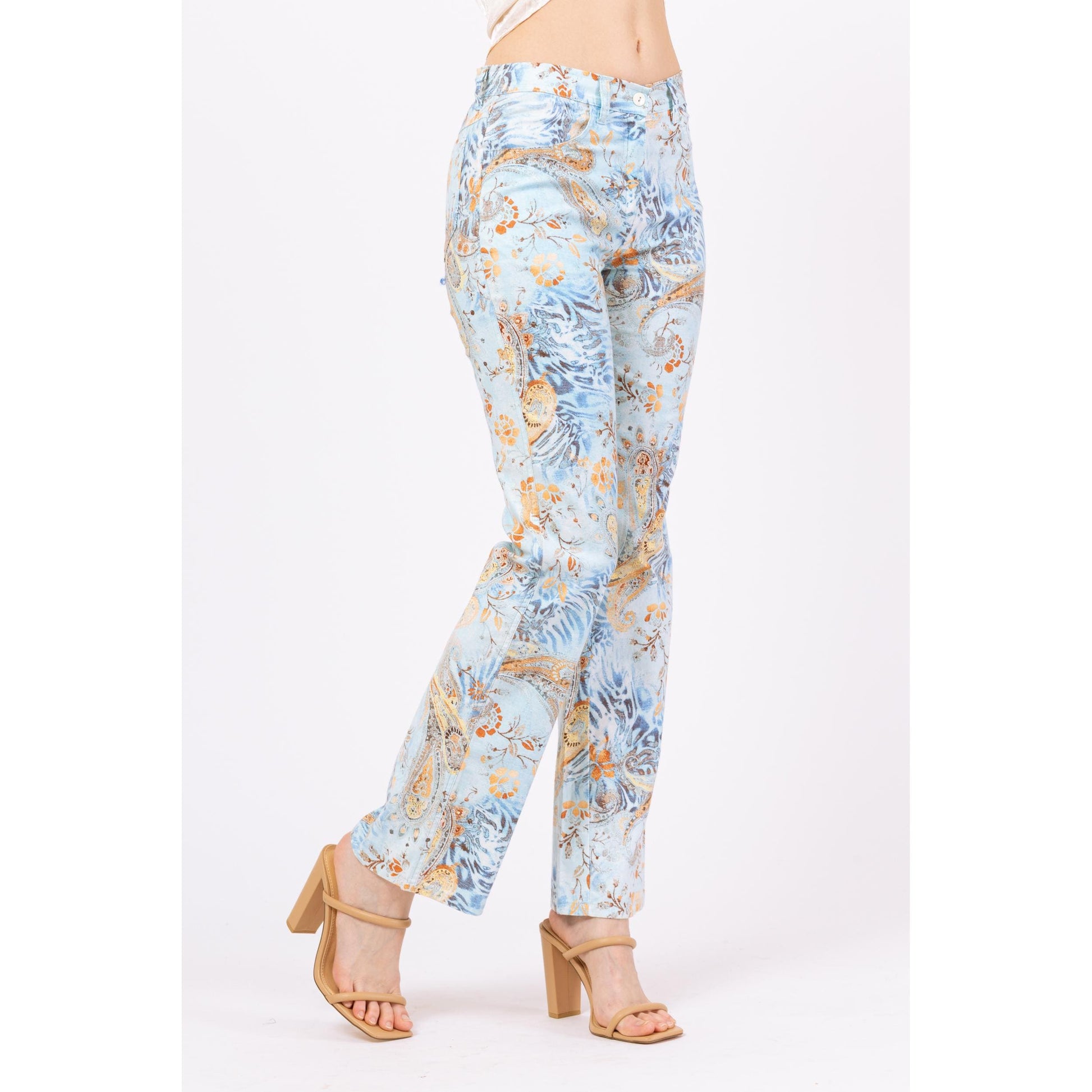 Vintage Y2K Boho Blue Paisley Floral Mid Rise Pants - Extra Small | 2000s Pastel Bootcut Trousers