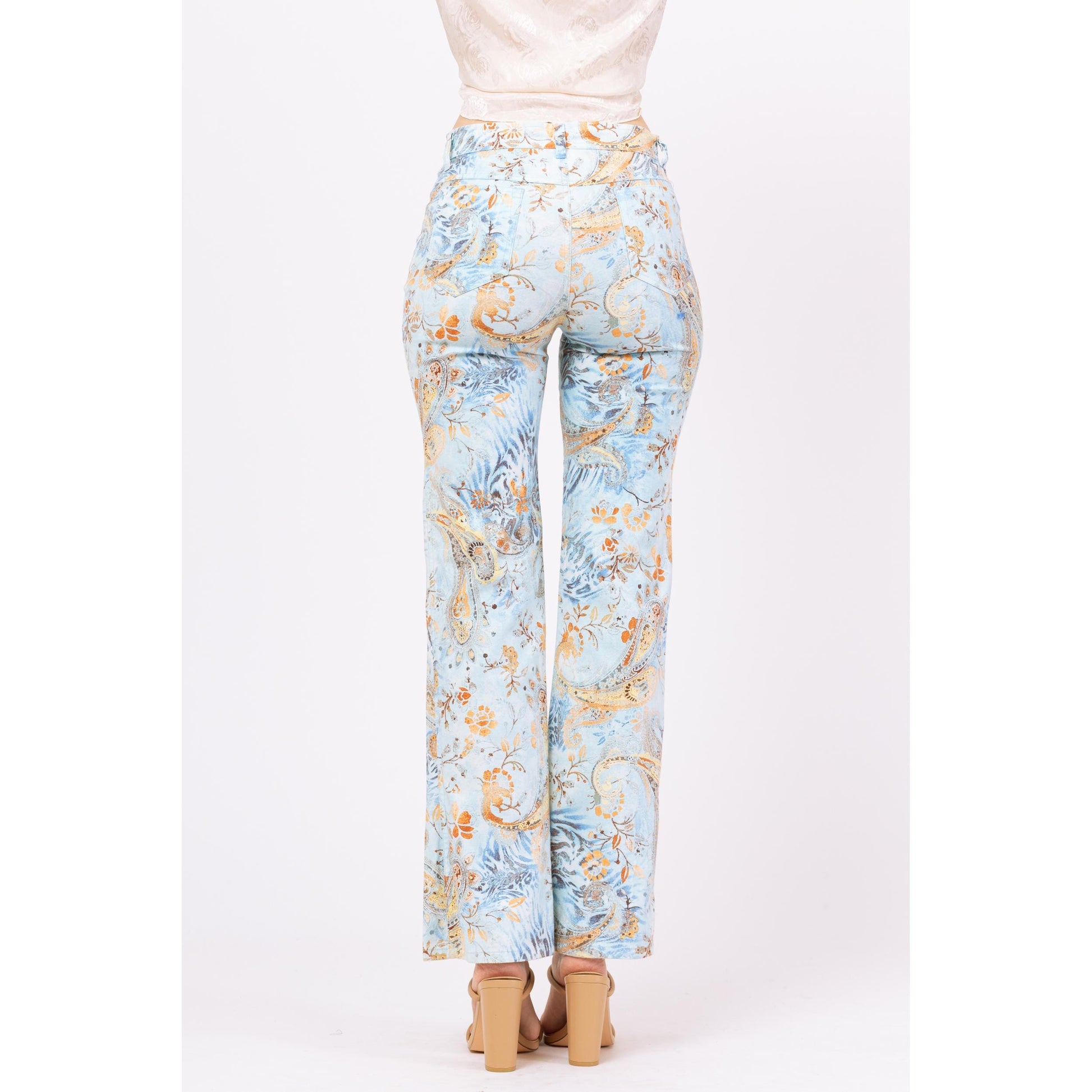 Vintage Y2K Boho Blue Paisley Floral Mid Rise Pants - Extra Small | 2000s Pastel Bootcut Trousers