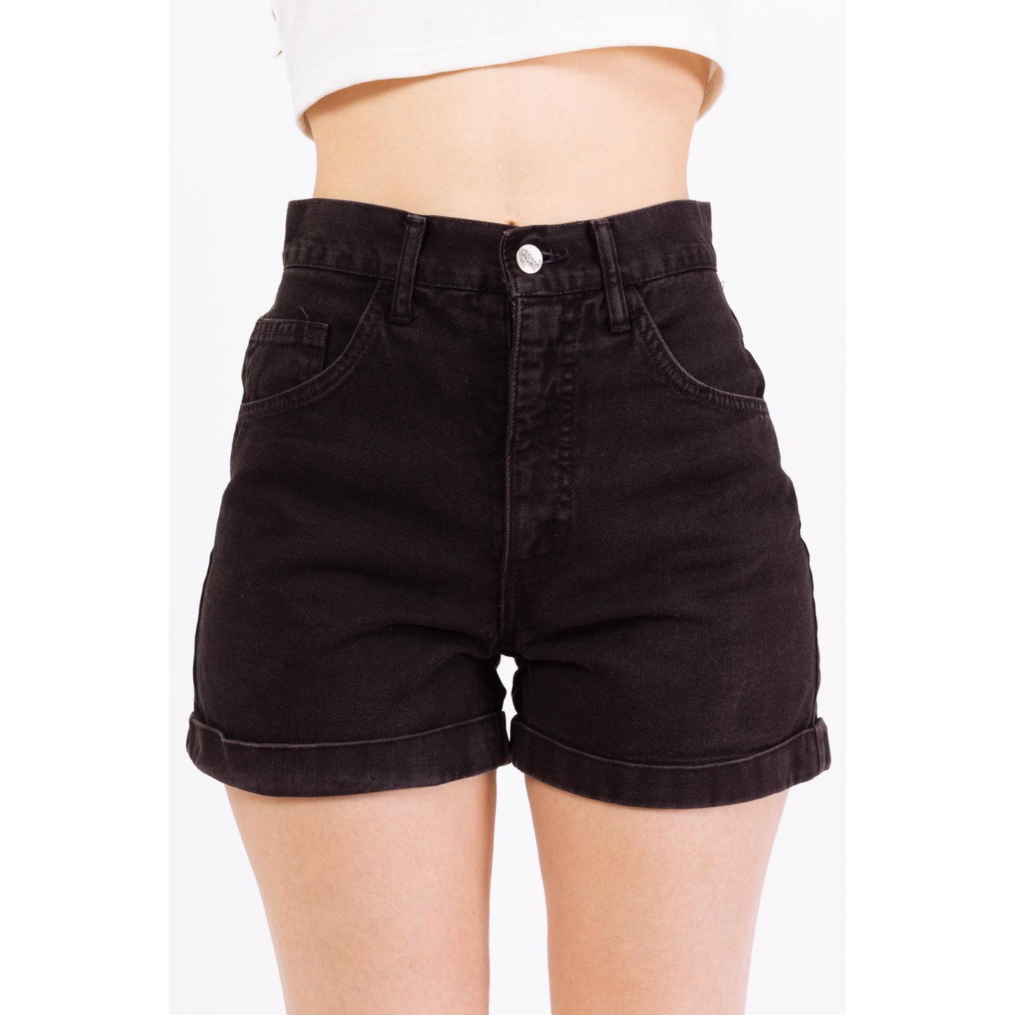 Vintage 90s Faded Black Denim High Waisted Shorts - Small, 26” Waist | High Rise Cuffed Jean Shorts