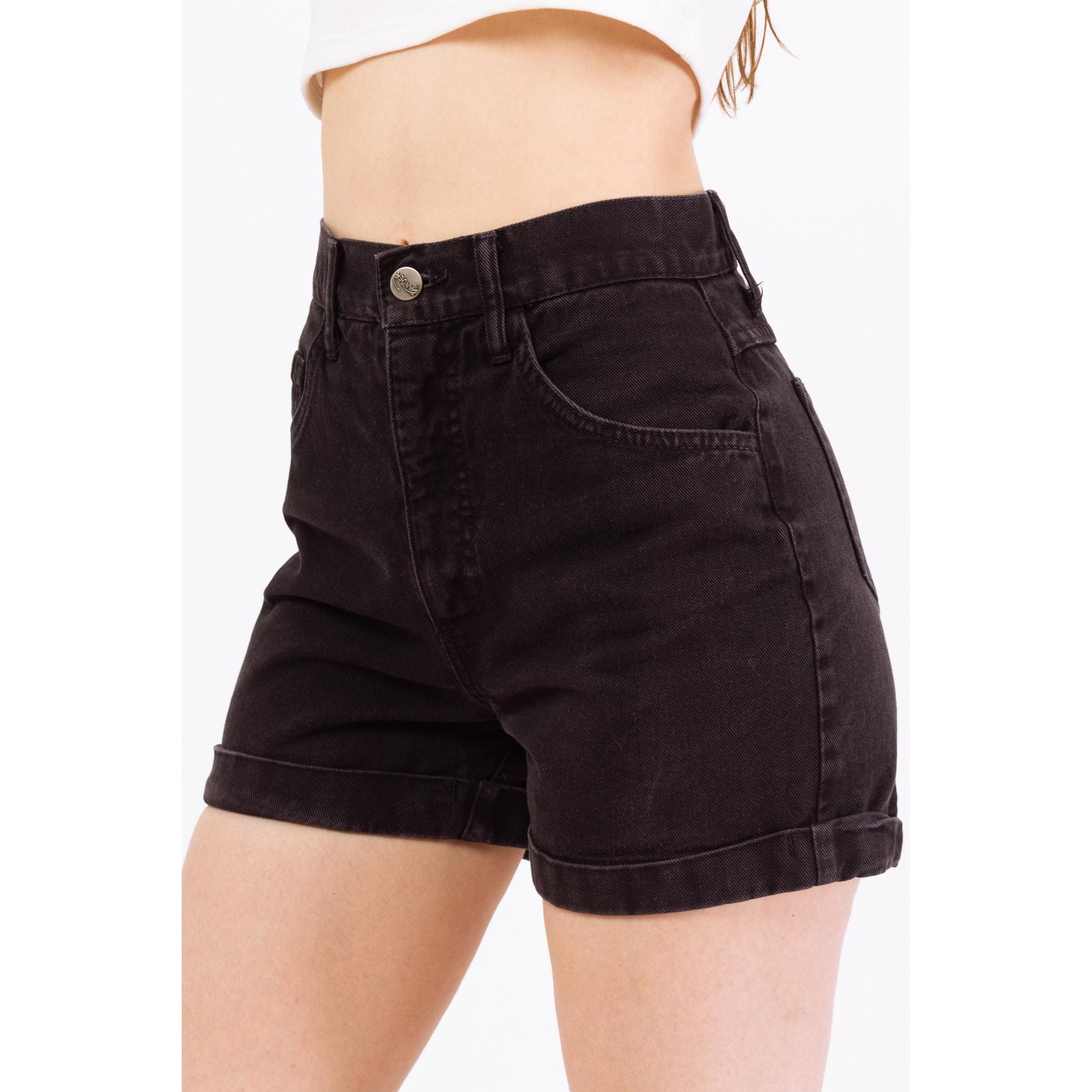 Vintage 90s Faded Black Denim High Waisted Shorts - Small, 26” Waist | High Rise Cuffed Jean Shorts