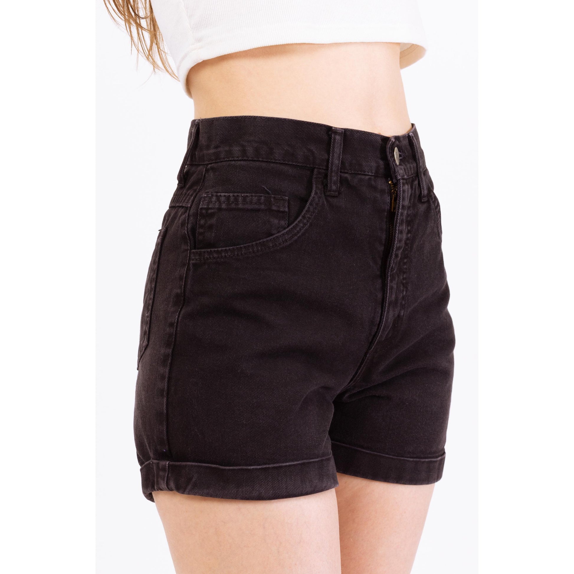 Vintage 90s Faded Black Denim High Waisted Shorts - Small, 26” Waist | High Rise Cuffed Jean Shorts