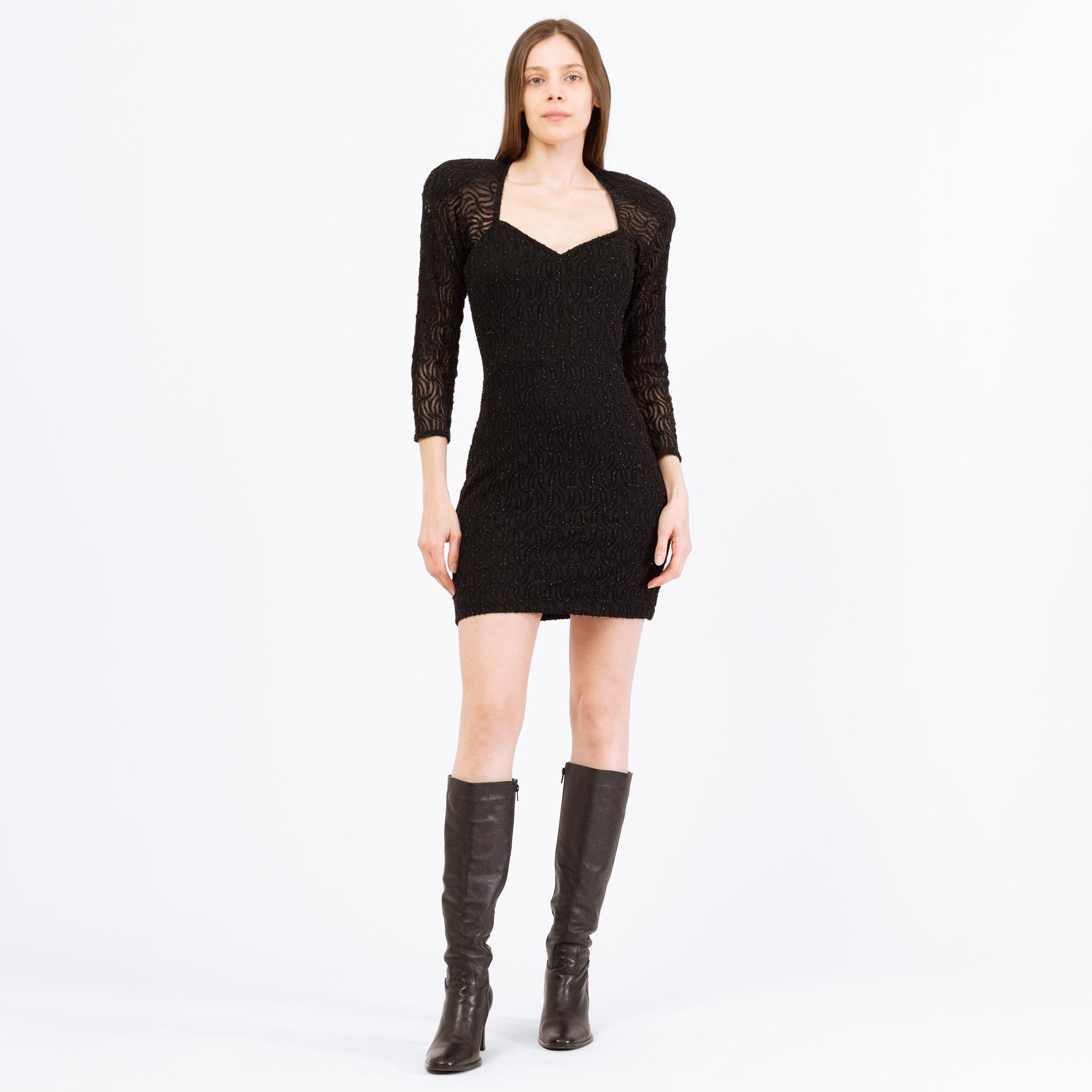 Vintage 80s Black Beaded Fringe Keyhole Back Party Dress - Small to Medium | Zum Zum Sexy Fitted 3/4 Sleeve Open Back Mini Dress