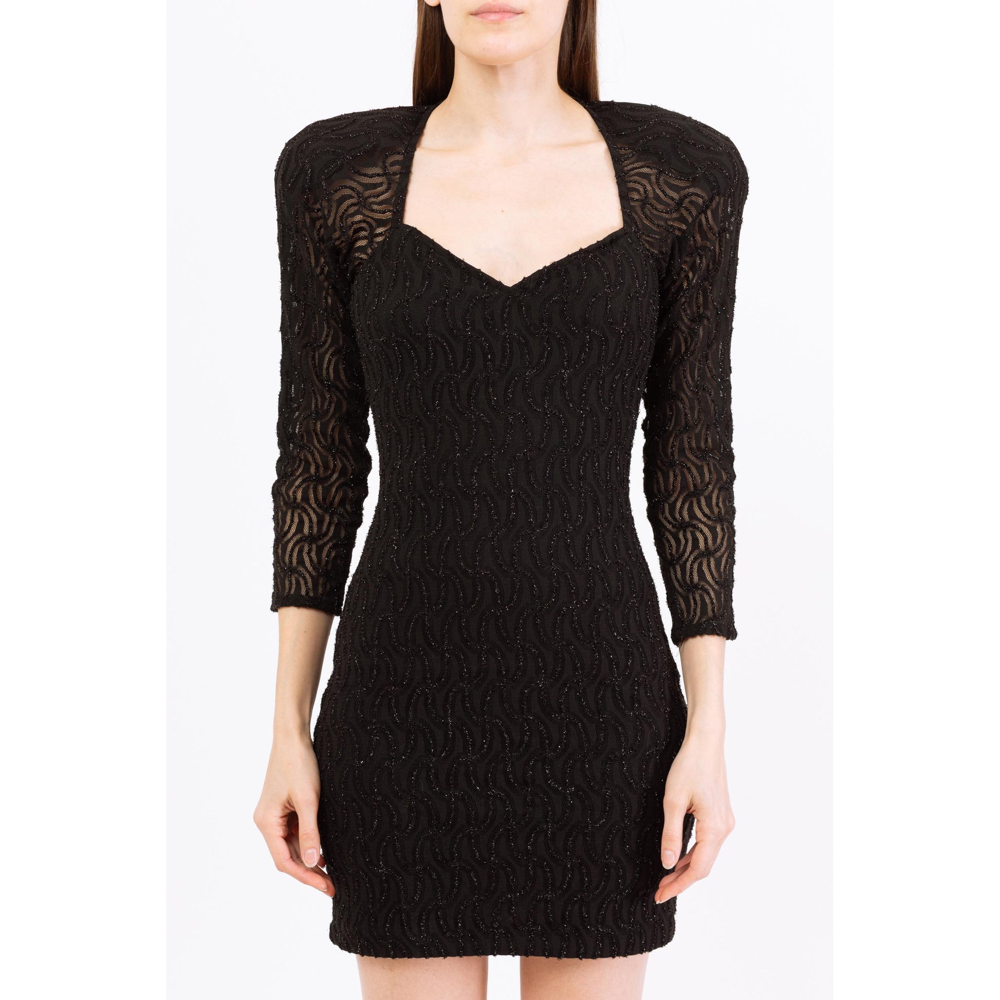 Vintage 80s Black Beaded Fringe Keyhole Back Party Dress - Small to Medium | Zum Zum Sexy Fitted 3/4 Sleeve Open Back Mini Dress