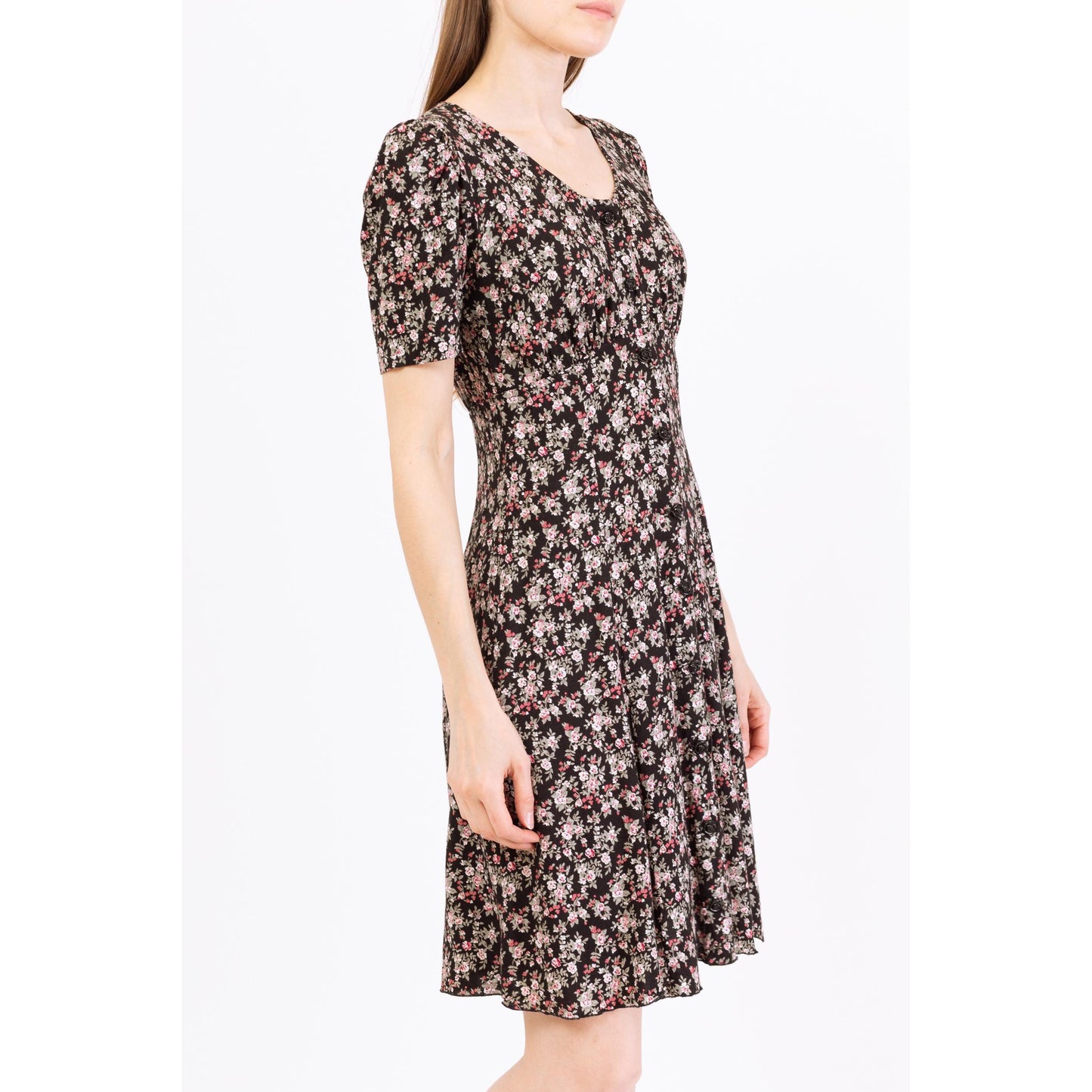 Vintage 90s Black Floral Button Front Grunge Dress - Small | Short Sleeve Boho Mini Sundress