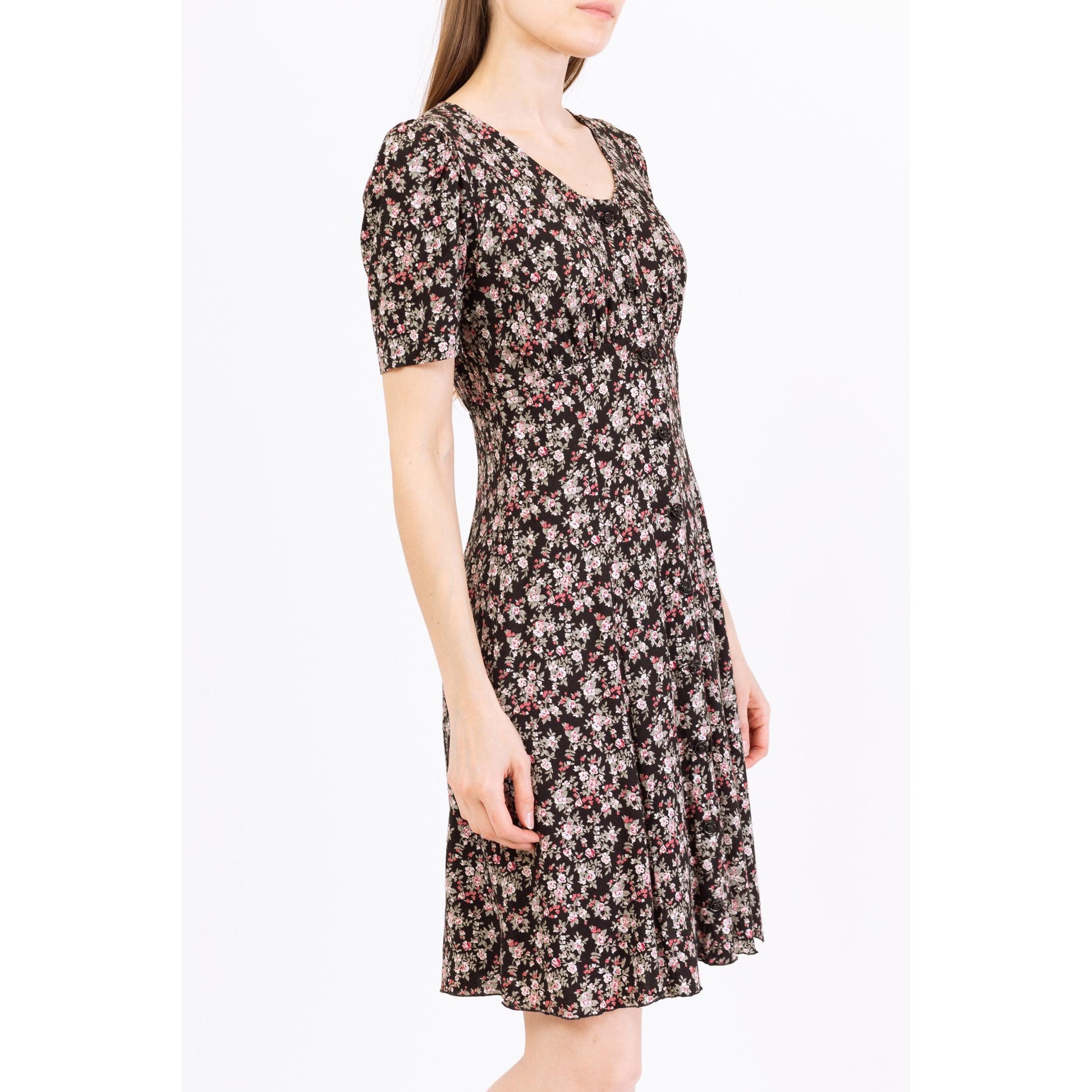 Vintage 90s Black Floral Button Front Grunge Dress - Small | Short Sleeve Boho Mini Sundress