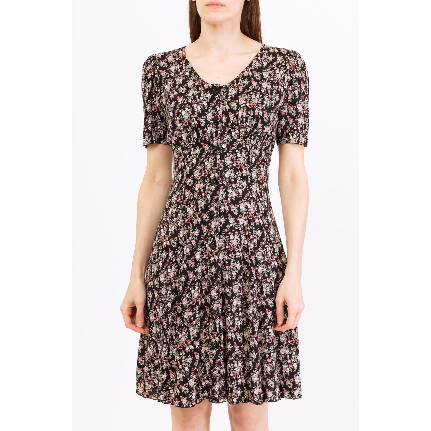 Vintage 90s Black Floral Button Front Grunge Dress - Small | Short Sleeve Boho Mini Sundress