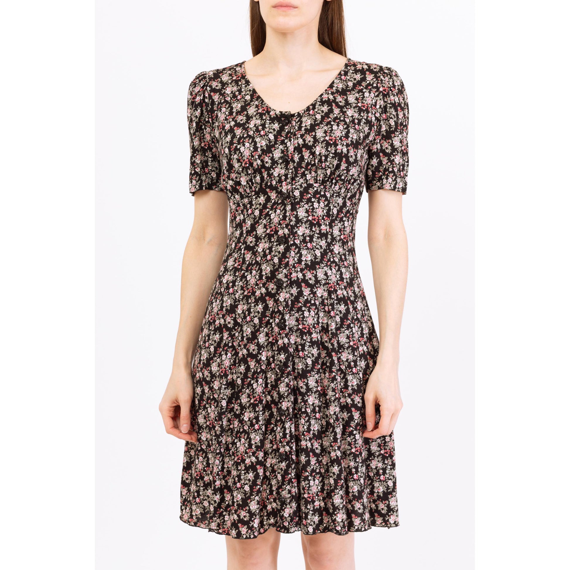 Vintage 90s Black Floral Button Front Grunge Dress - Small | Short Sleeve Boho Mini Sundress