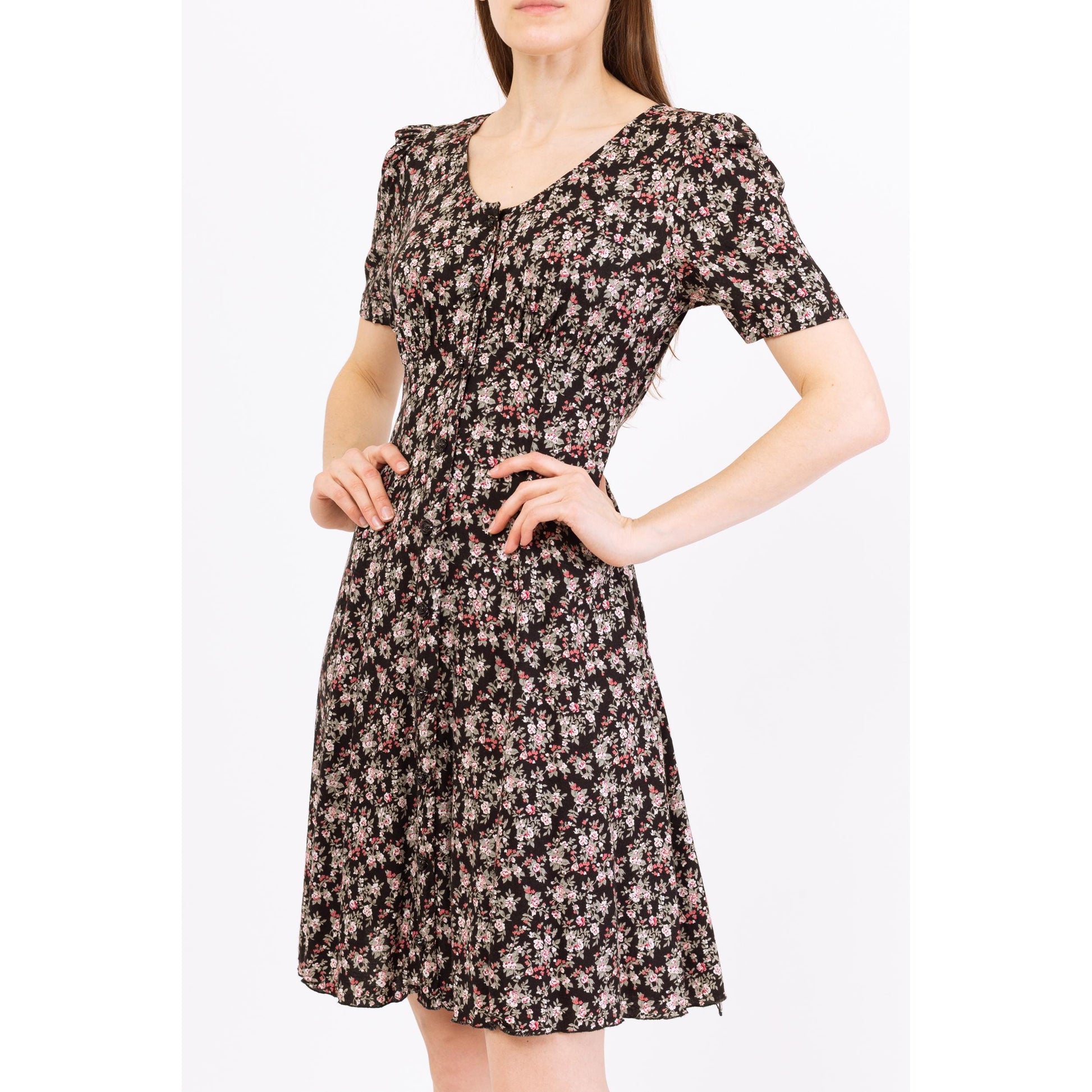 Vintage 90s Black Floral Button Front Grunge Dress - Small | Short Sleeve Boho Mini Sundress