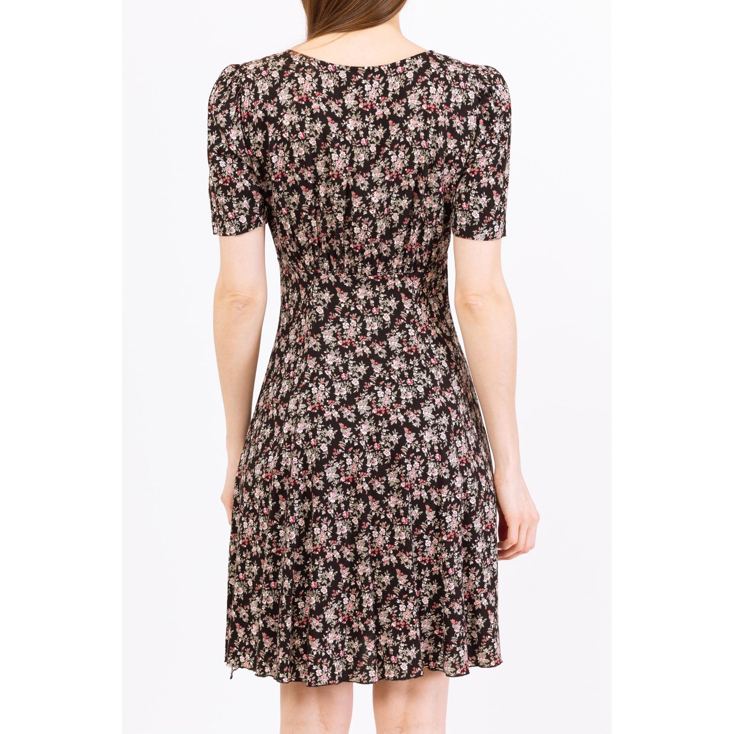 Vintage 90s Black Floral Button Front Grunge Dress - Small | Short Sleeve Boho Mini Sundress
