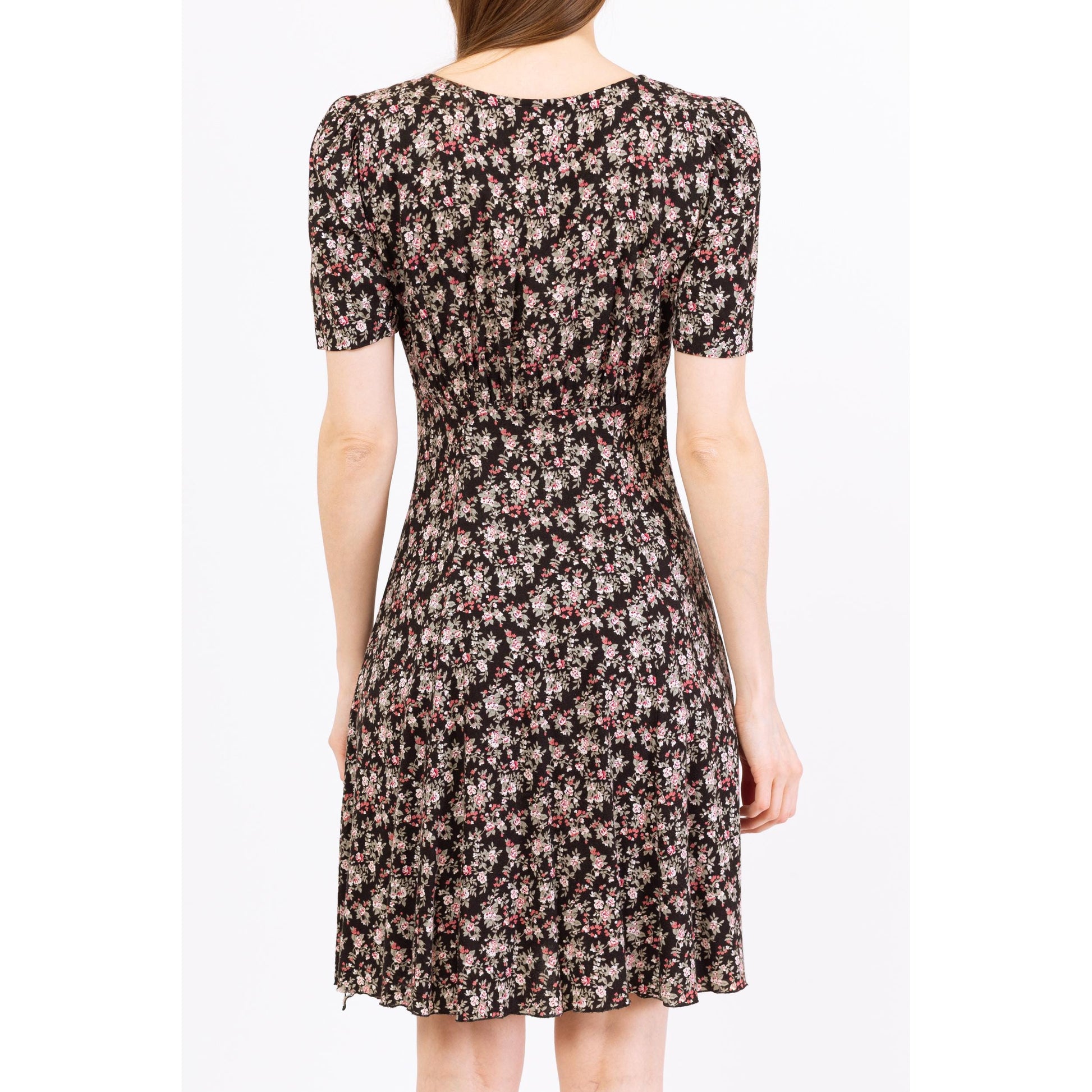 Vintage 90s Black Floral Button Front Grunge Dress - Small | Short Sleeve Boho Mini Sundress