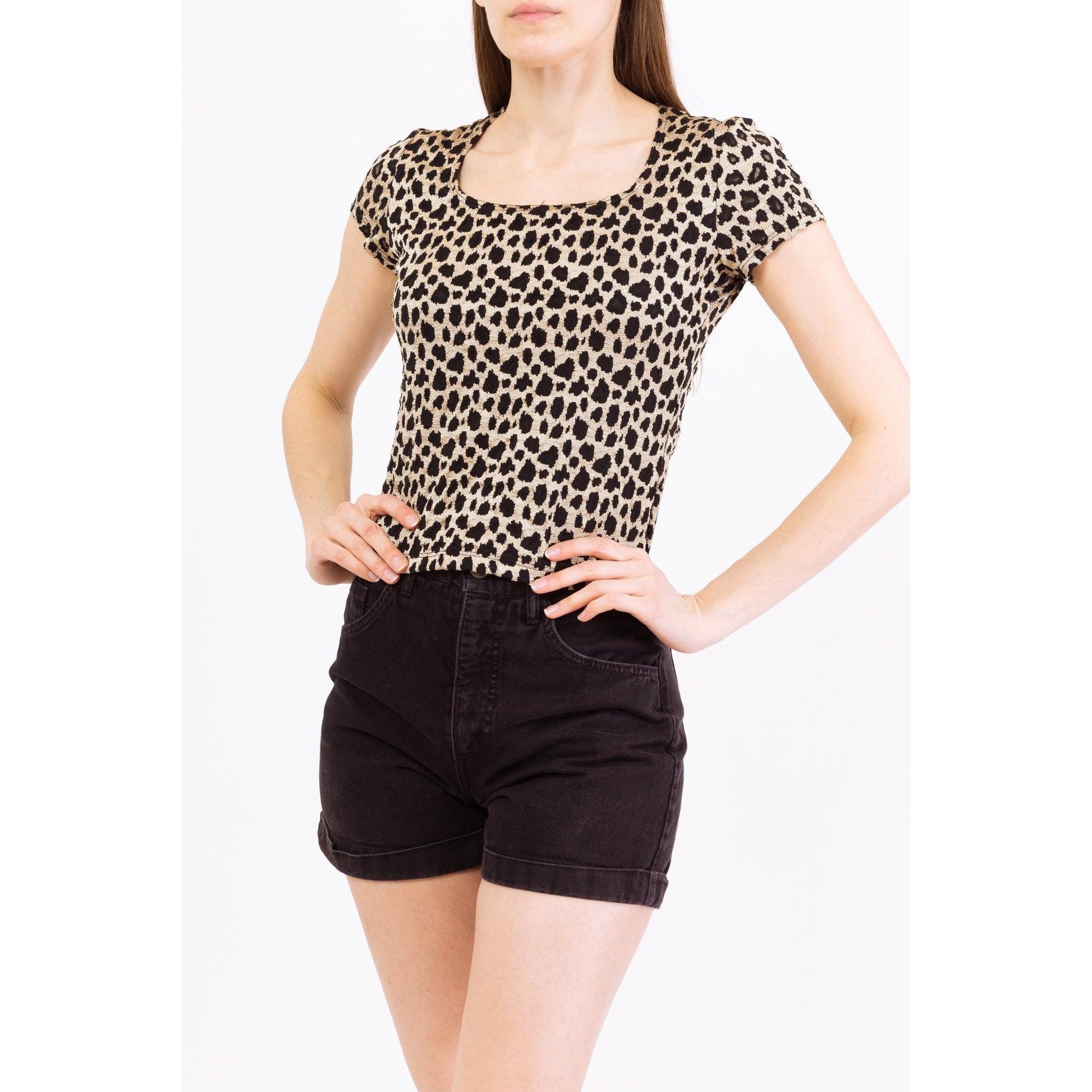 Vintage 90s Cheetah Print Stretchy Fitted Top - Small to Medium | Square Neck Short Sleeve Cropped Shirt