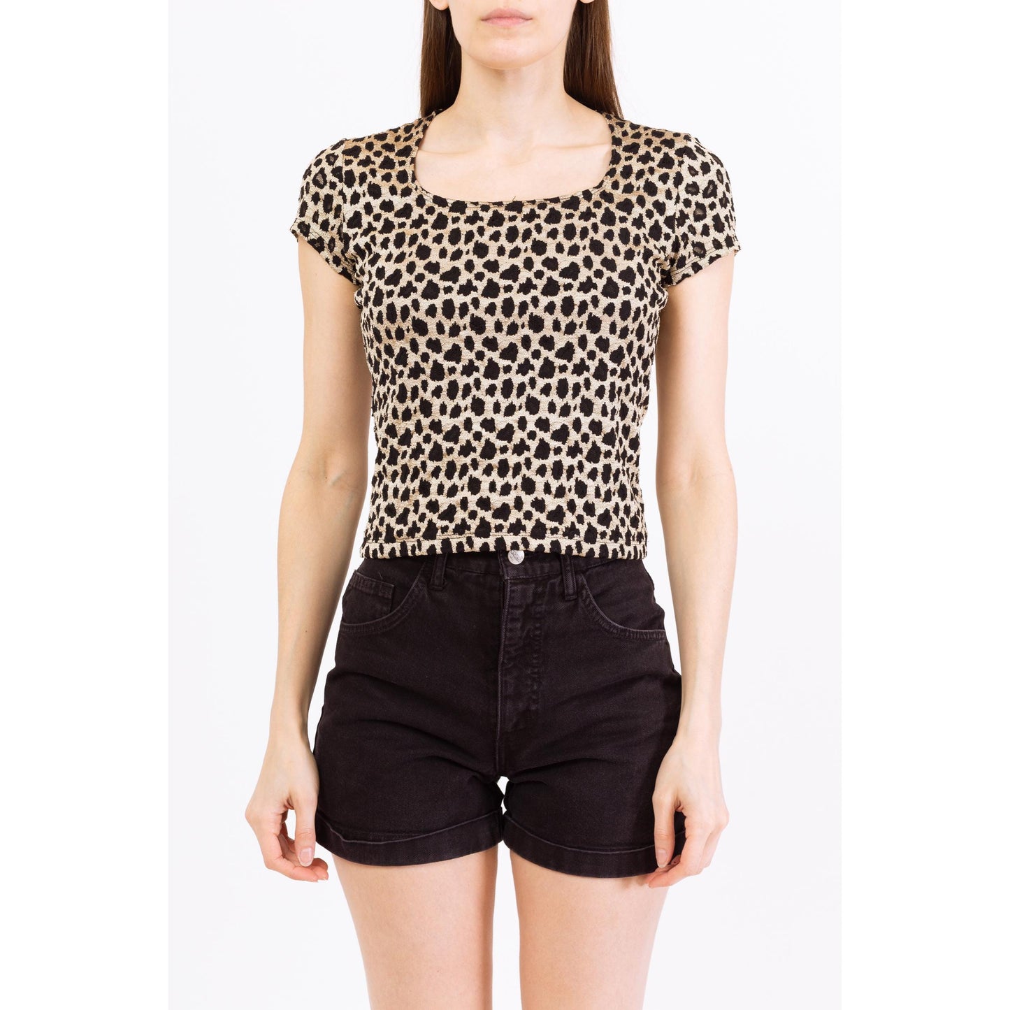 Vintage 90s Cheetah Print Stretchy Fitted Top - Small to Medium | Square Neck Short Sleeve Cropped Shirt
