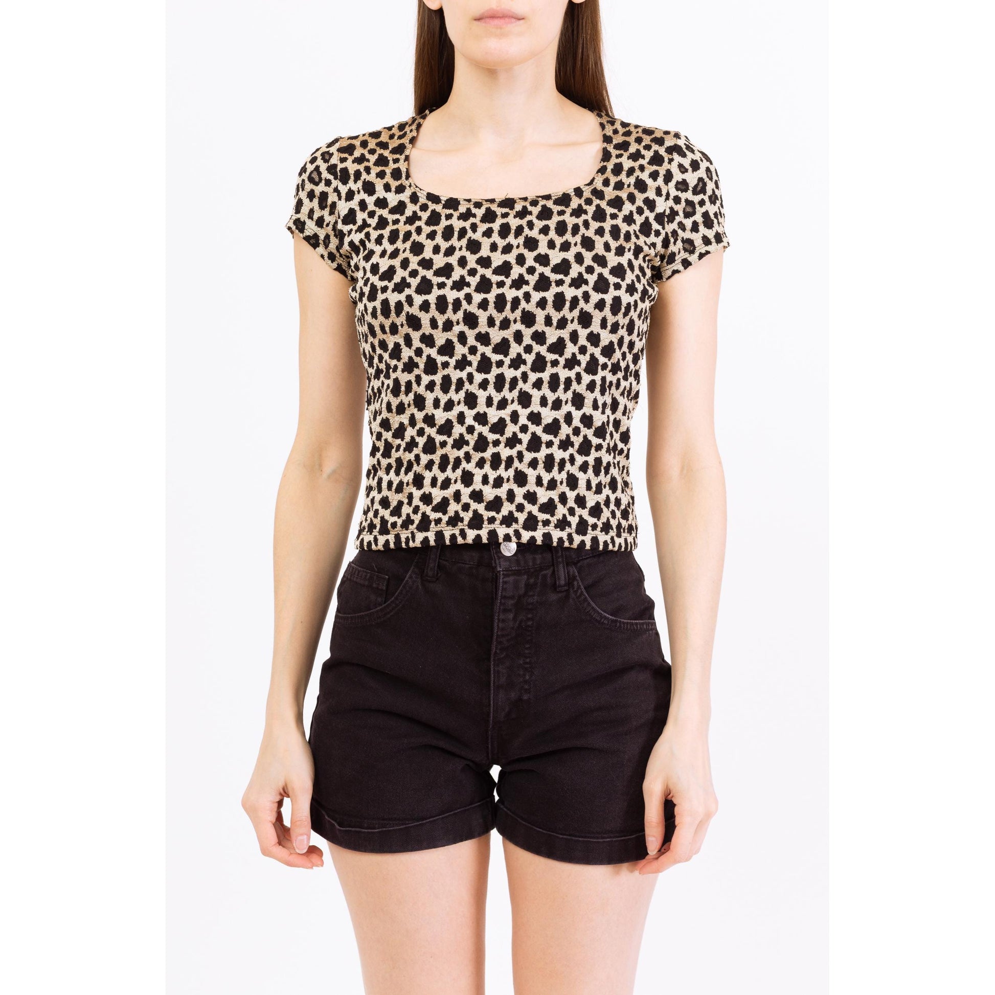 Vintage 90s Cheetah Print Stretchy Fitted Top - Small to Medium | Square Neck Short Sleeve Cropped Shirt