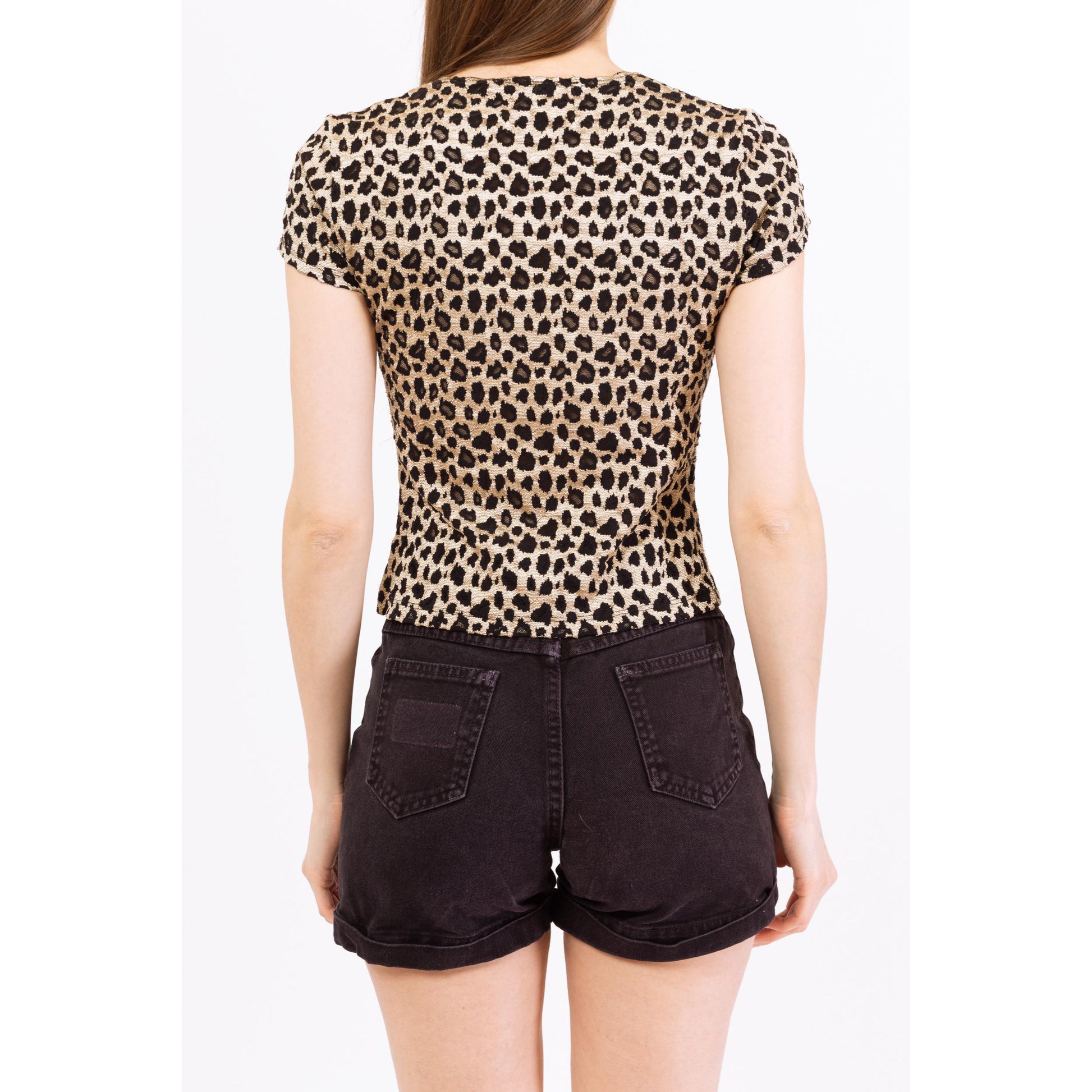 Vintage 90s Cheetah Print Stretchy Fitted Top - Small to Medium | Square Neck Short Sleeve Cropped Shirt