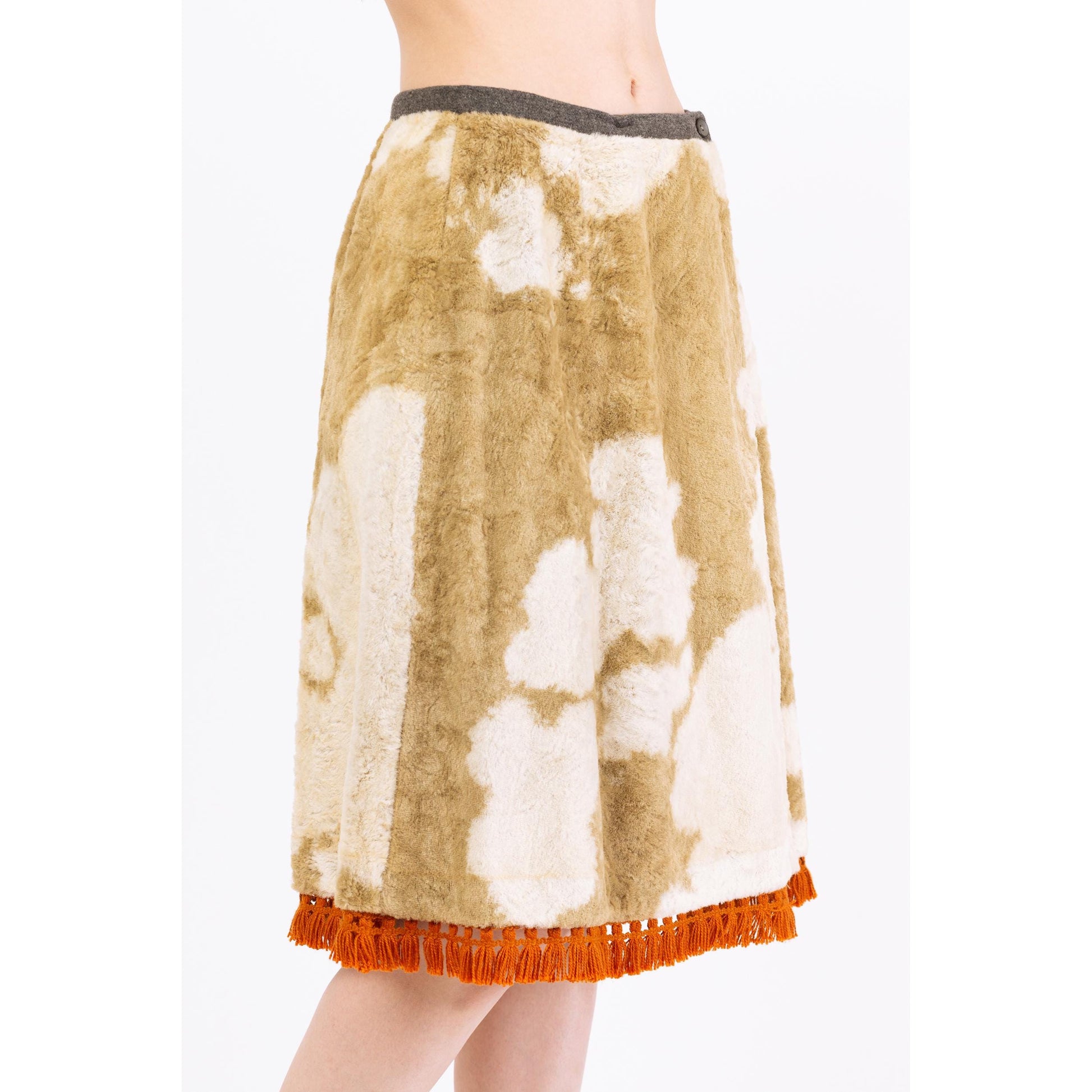 Vintage 70s Western Cow Print Faux Fur Wrap Skirt - Small, 26.5" Waist | Plush Velvet Boho Knee Length Midi Skirt, Retro Cowgirl Outfit
