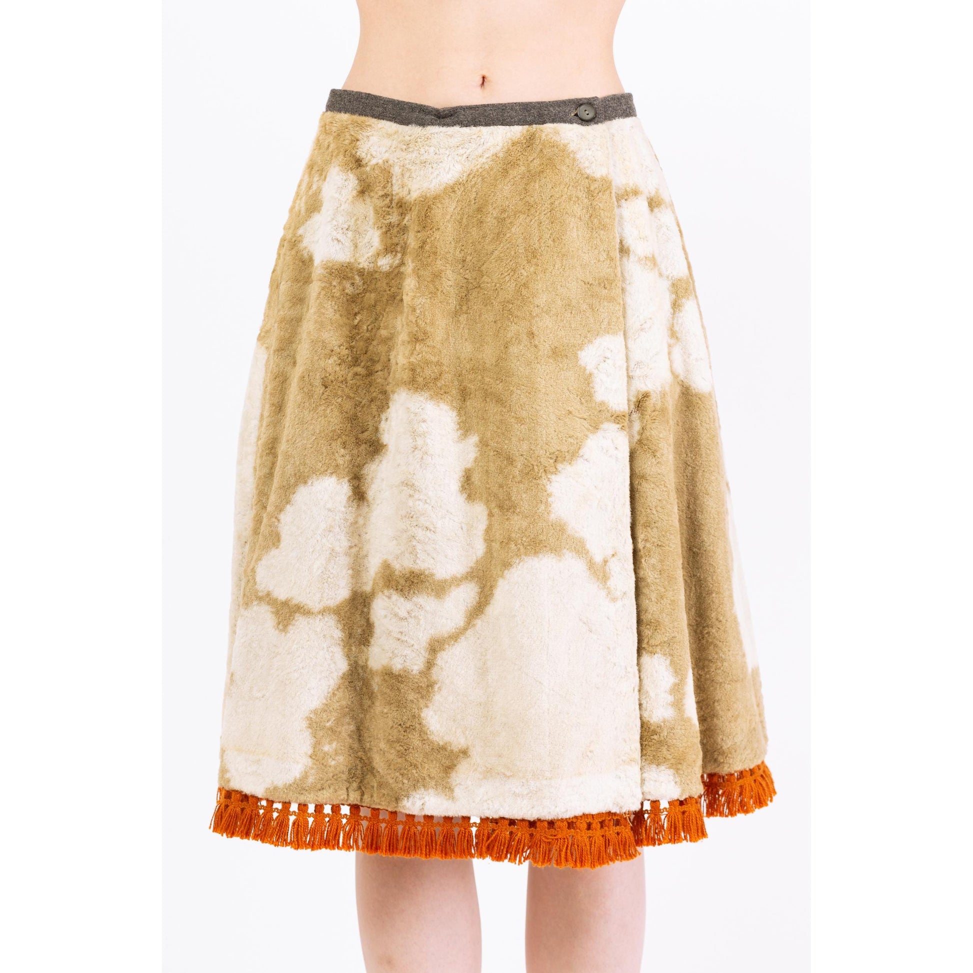 Vintage 70s Western Cow Print Faux Fur Wrap Skirt - Small, 26.5" Waist | Plush Velvet Boho Knee Length Midi Skirt, Retro Cowgirl Outfit