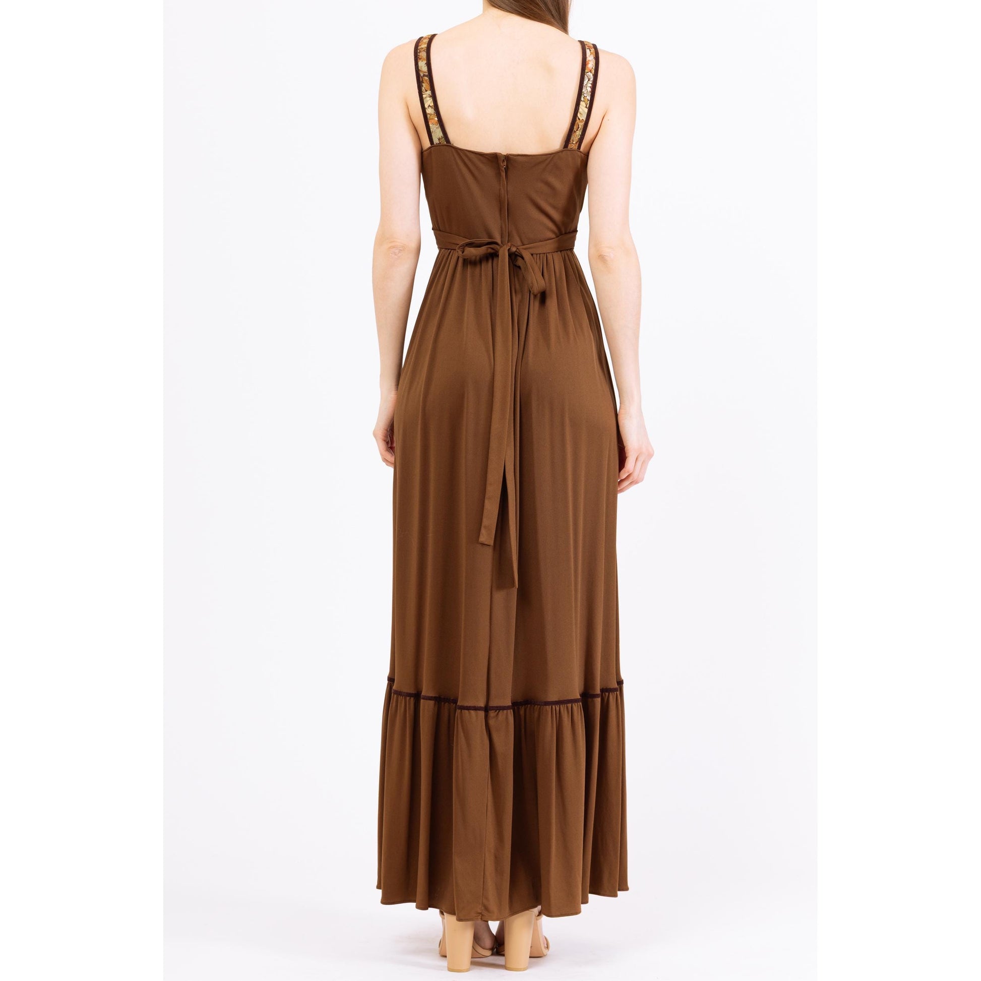 Vintage 70s Candi Jones Boho Brown Corset Maxi Dress - XS to Small | 1970s Floral Tapestry Romantic Cottagecore Prairie Peasant Dress