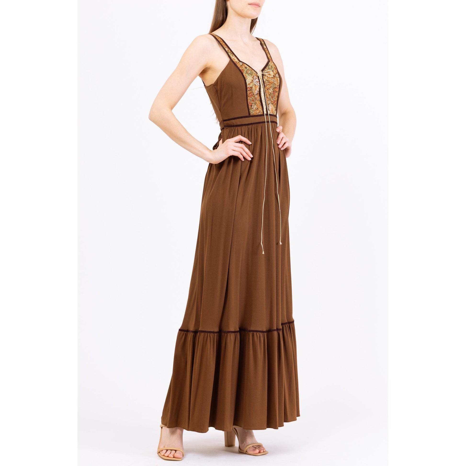 Vintage 70s Candi Jones Boho Brown Corset Maxi Dress - XS to Small | 1970s Floral Tapestry Romantic Cottagecore Prairie Peasant Dress